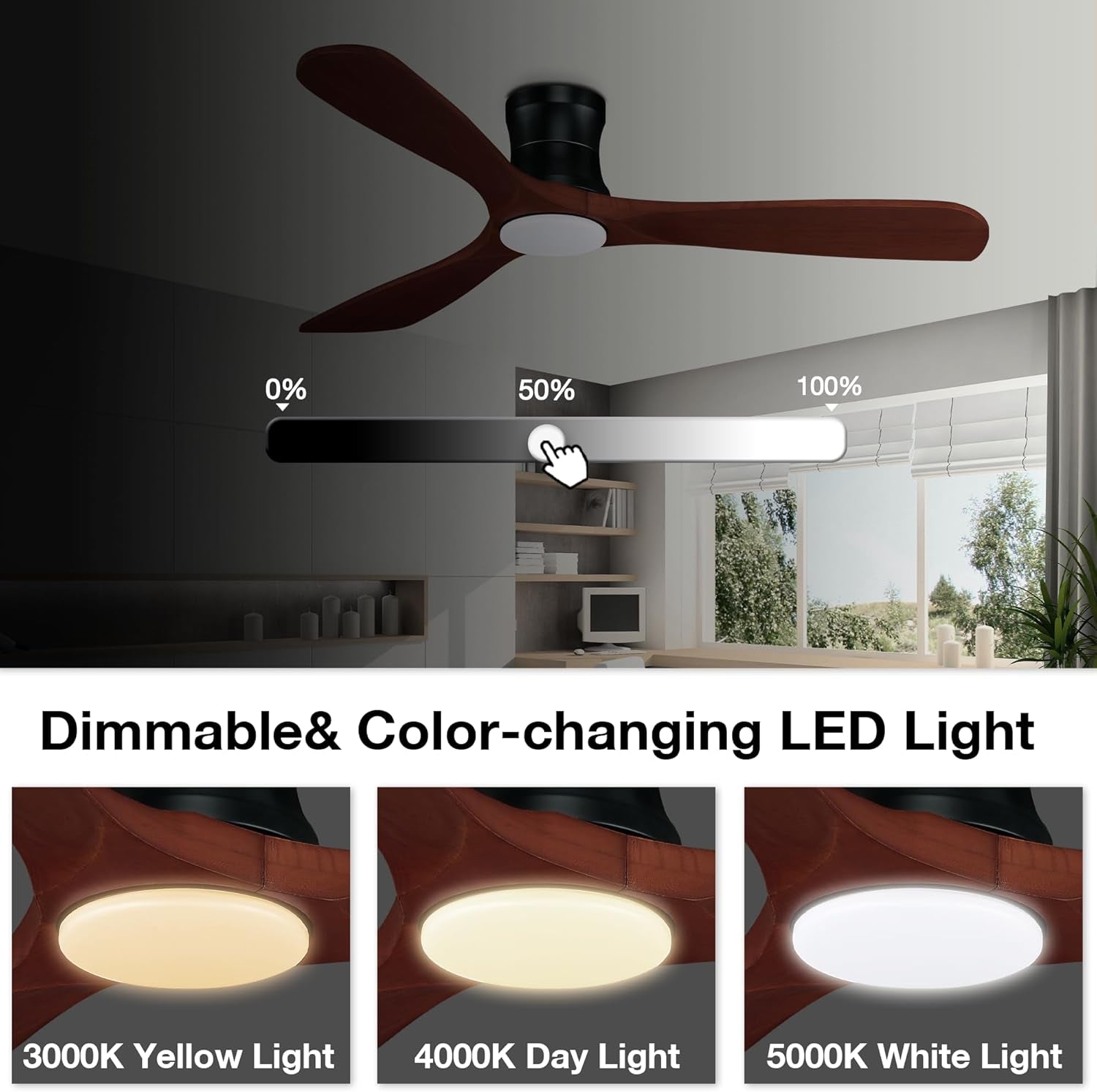52” Smart Wood Flush Mount Ceiling Fans with Lights Remote,Quiet DC Motor,Outdoor Indoor Low Profile Ceiling Fan,Voice WIFI Alexa App Control,Dimmable,6-Speed,For Modern Bedroom Patio