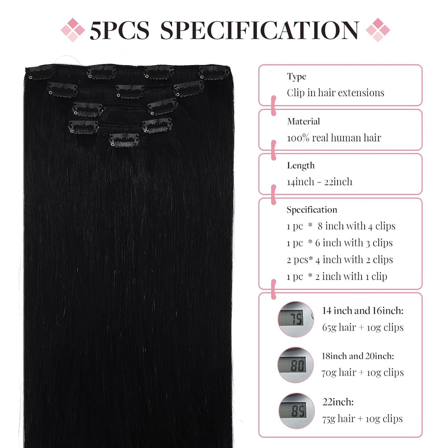 Hair Extensions Clip in Real Human Hair  Remy Clip in Hair Extensions Real Human Hair Long Straight Hair Extensions Natural Hair for Woman (#1 Jet Black, 16)