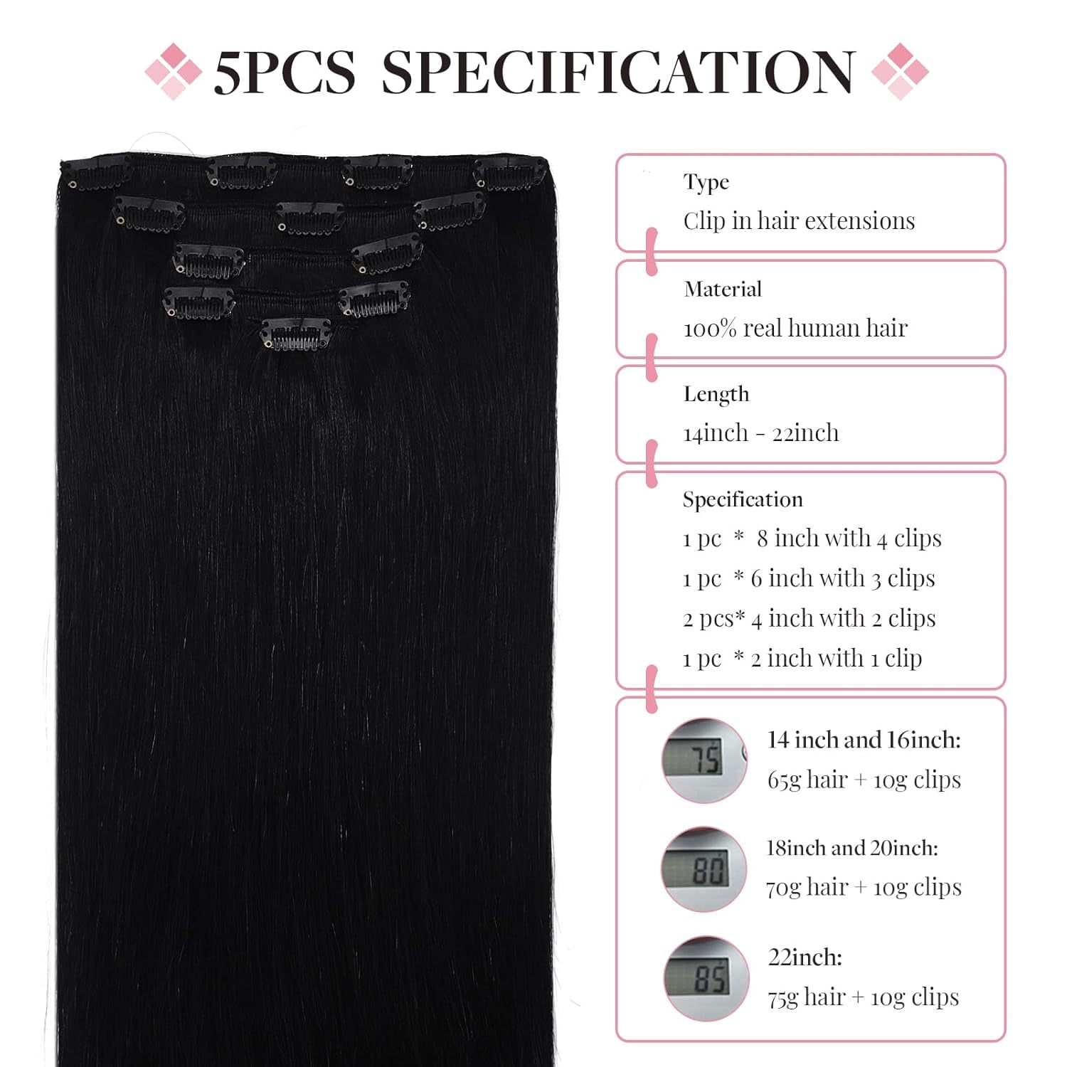 Hair Extensions Clip in Real Human Hair  Remy Clip in Hair Extensions Real Human Hair Long Straight Hair Extensions Natural Hair for Woman (#1 Jet Black, 16)