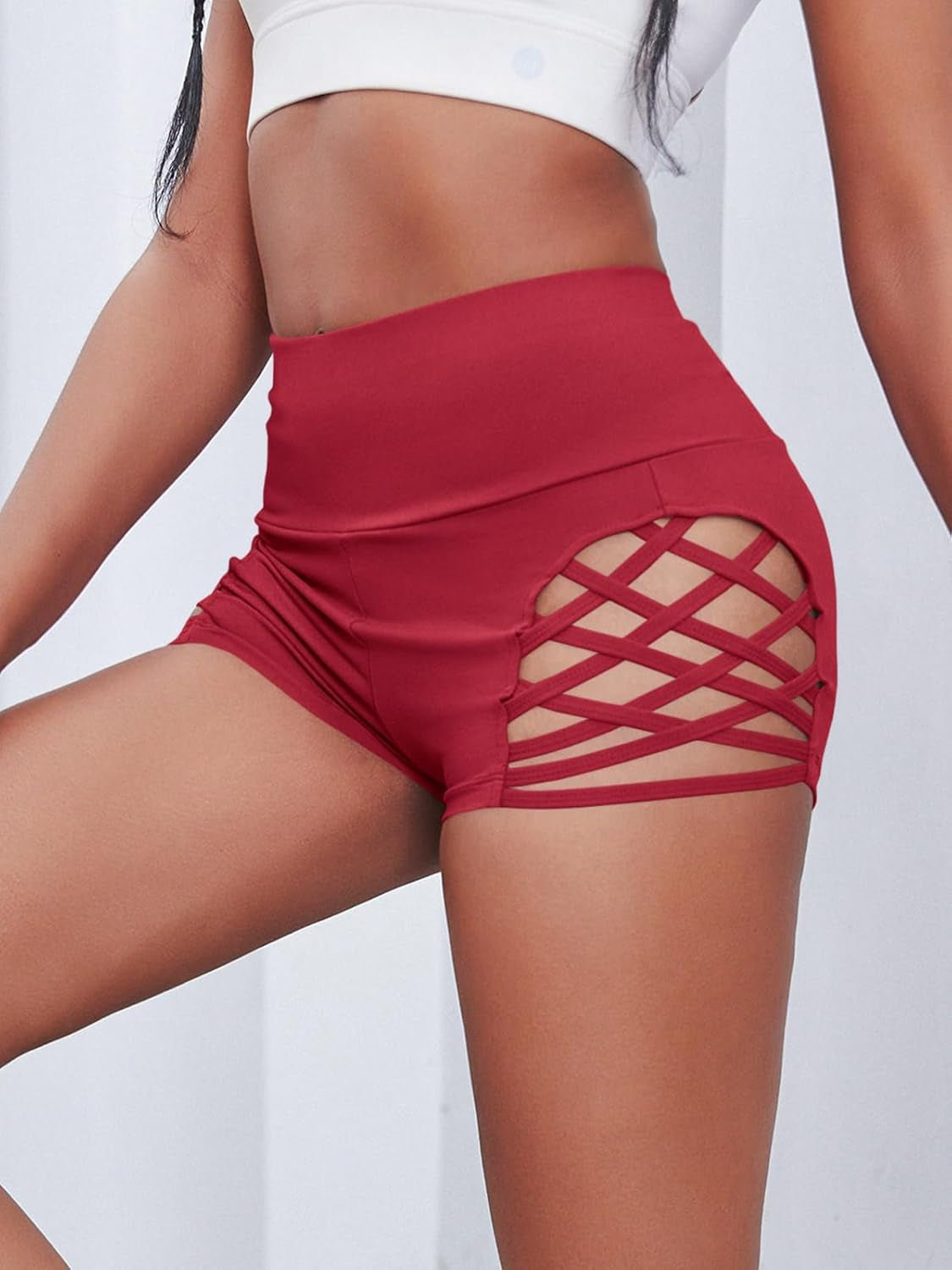 Women'S Workout Yoga Shorts High Waist Tummy Control Criss Cross Athletic Sports Booty Short Leggings