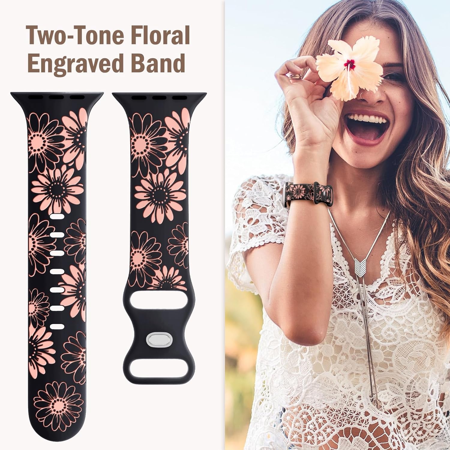 Floral Engraved Band Compatible with Apple Watch Band 40Mm 38Mm 41Mm 42Mm 44Mm 45Mm 49Mm, Soft Silicone Cute Two-Tone Flower Sport Strap for Iwatch Bands Women Series 9 8 7 6 5 4 3 2 1 SE Ultra Ultra 2