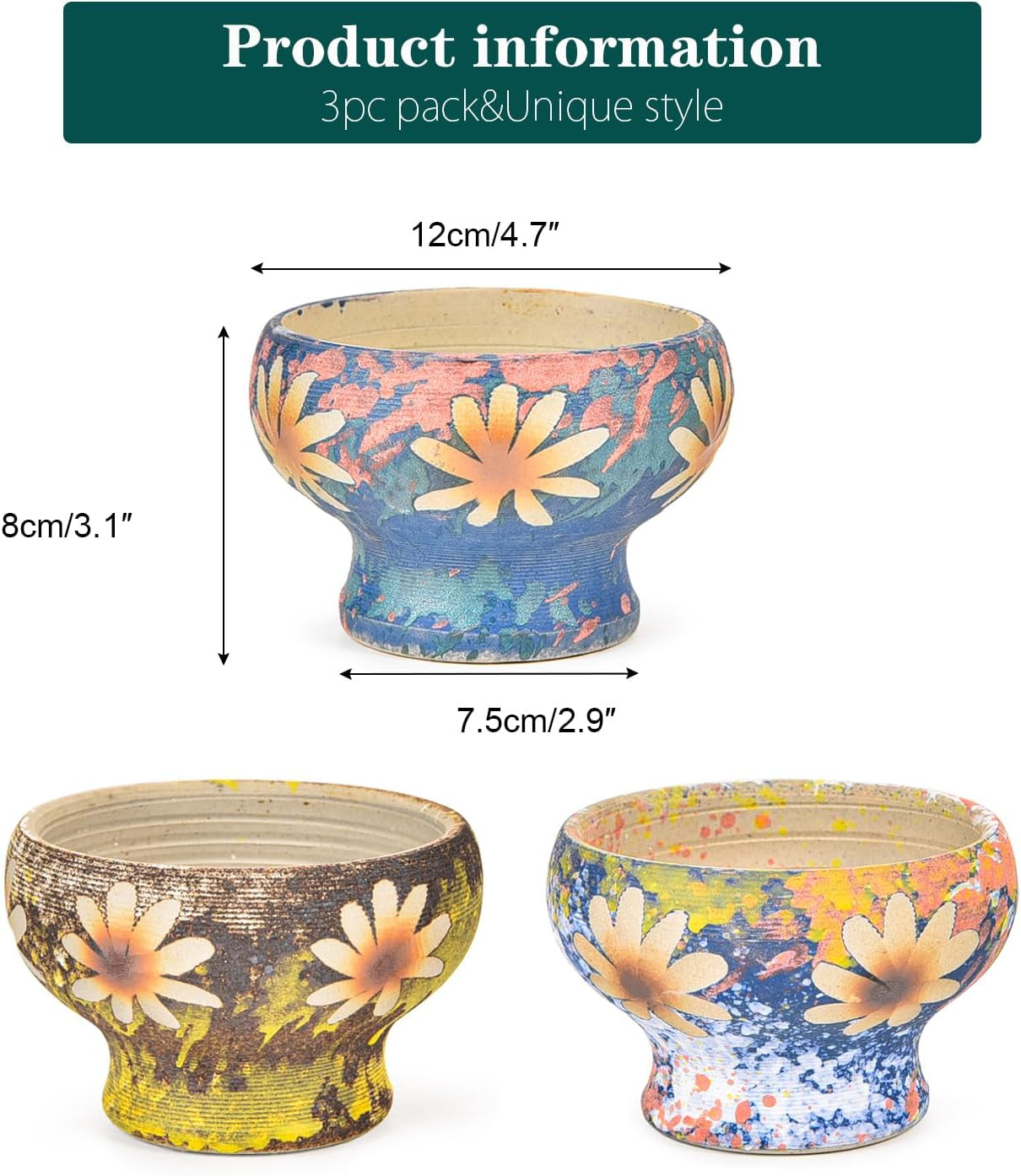 Small Succulent Planters Set of 3, Beautiful Hand Crafted Ceramic Plant Pots Cute Cactus Pot, 4.9 Inch Flower Pots for Indoor Plants with Drainage, Desktop Windowsill Home Office Decor Pots