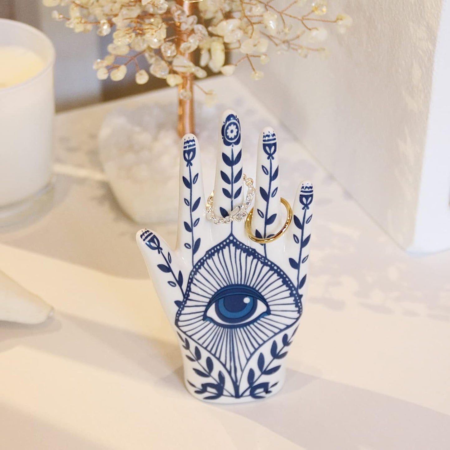 Hamsa Ring Holder Aesthetic Room Decor, Hamsa Hand with Blue Evil Eye Boho Decor Ring Stand Ring Organizer, Preppy Room Decor for Bathroom Bedroom, Hamsa Gifts for Women Home Decor