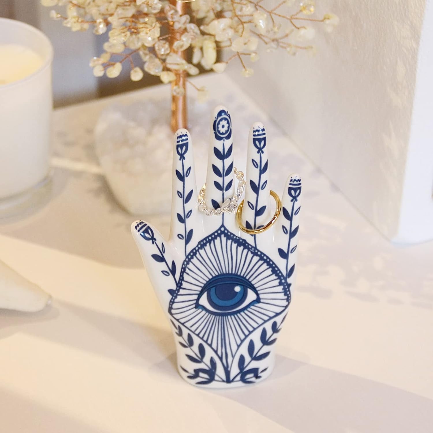 Hamsa Ring Holder Aesthetic Room Decor, Hamsa Hand with Blue Evil Eye Boho Decor Ring Stand Ring Organizer, Preppy Room Decor for Bathroom Bedroom, Hamsa Gifts for Women Home Decor