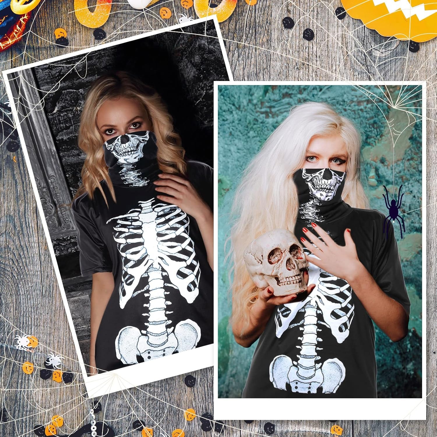 Skeleton Shirt and Skull Mask, Women Halloween Costume Skeleton T Shirt Skull Face Bandana Neck Rib Costume(Xl)