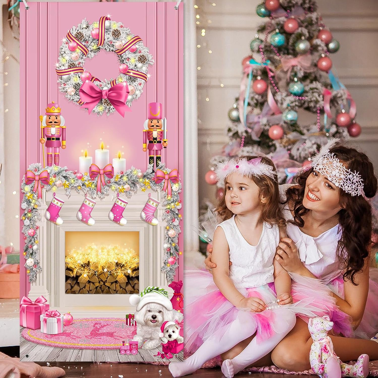 Christmas Door Cover Decoration Christmas Fireplace Door Cover Xmas Nutcracker Banner Backdrop Photo Booth Prop Background for Holiday New Year Door Party Supplies 6.5 X 3 Feet (Pink Style)