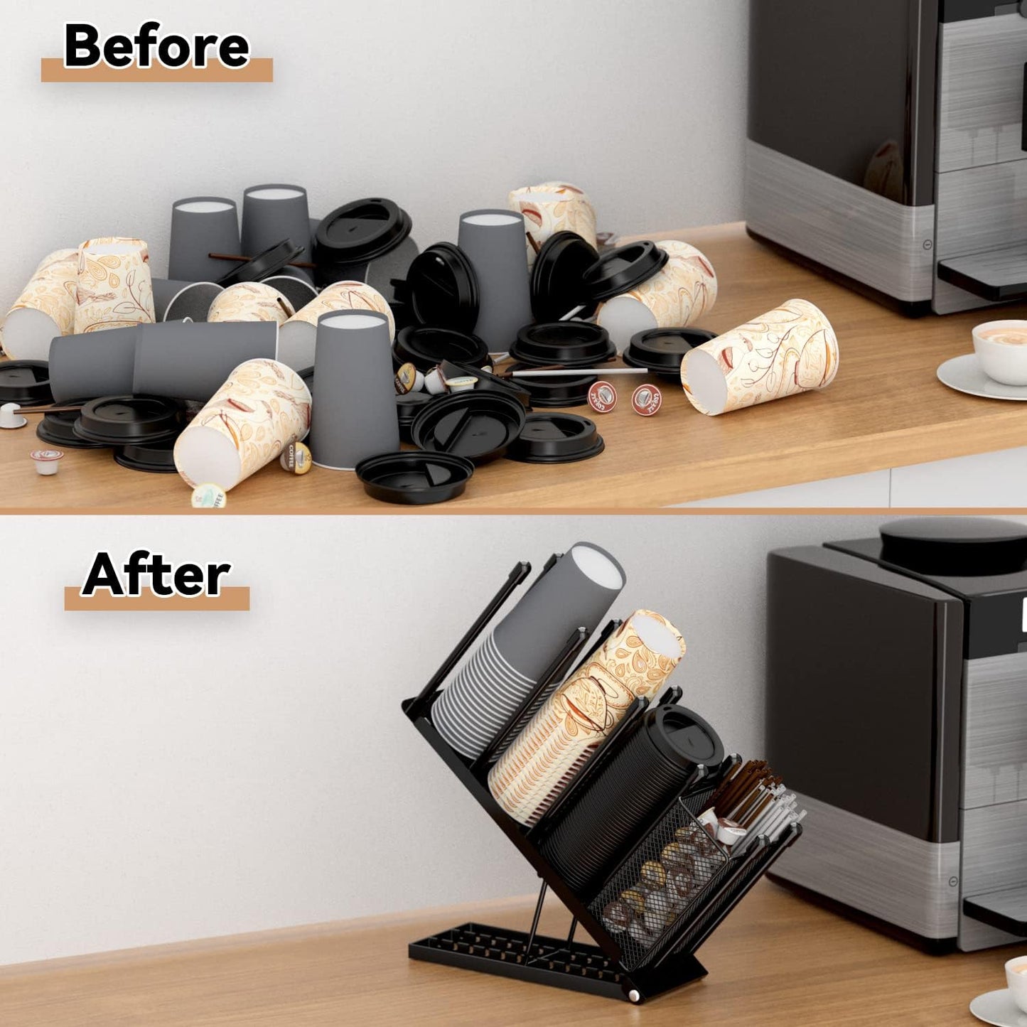 Cup and Lid Holder - Adjustable Coffee Cup Holder Organizer 4 Compartment Disposable Cup Dispenser with Mesh Basket for Coffee Pod Straw Storage Metal (Black)