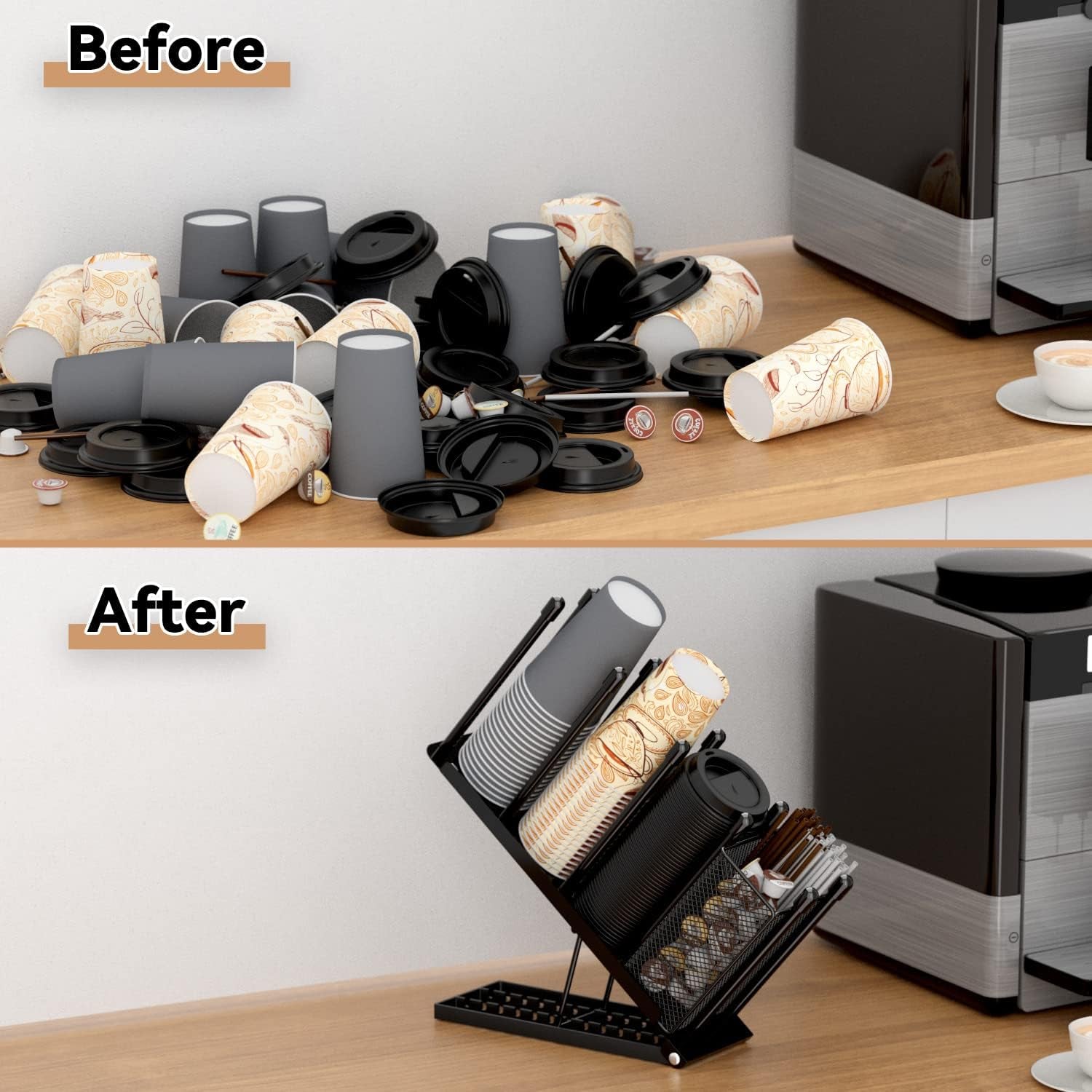 Cup and Lid Holder - Adjustable Coffee Cup Holder Organizer 4 Compartment Disposable Cup Dispenser with Mesh Basket for Coffee Pod Straw Storage Metal (Black)