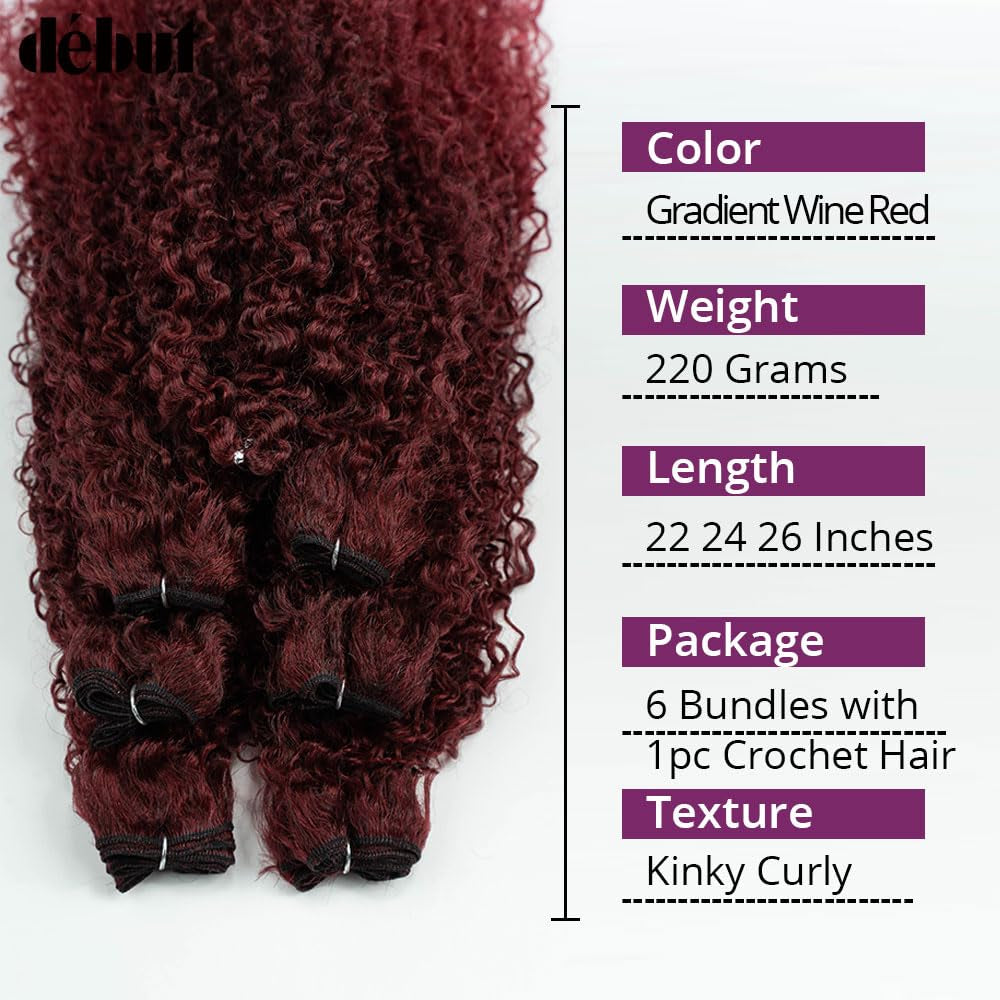 Synthetic Hair 7Pcs Kinky Curly 22 24 26 Inches Gradient Burgundy 6 Bundles Tight Curly Hair with 1Pc Crochet Hair for Women Ombre Red Color