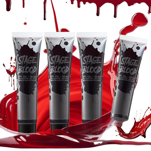 Fake Blood Tube, 4 Packs 1 Oz Vampire Blood Tube for Zombie Makeup, Washable Fake Blood for Clothes, Face Paint Stage Blood for Halloween Costume Makeup & Dress Up