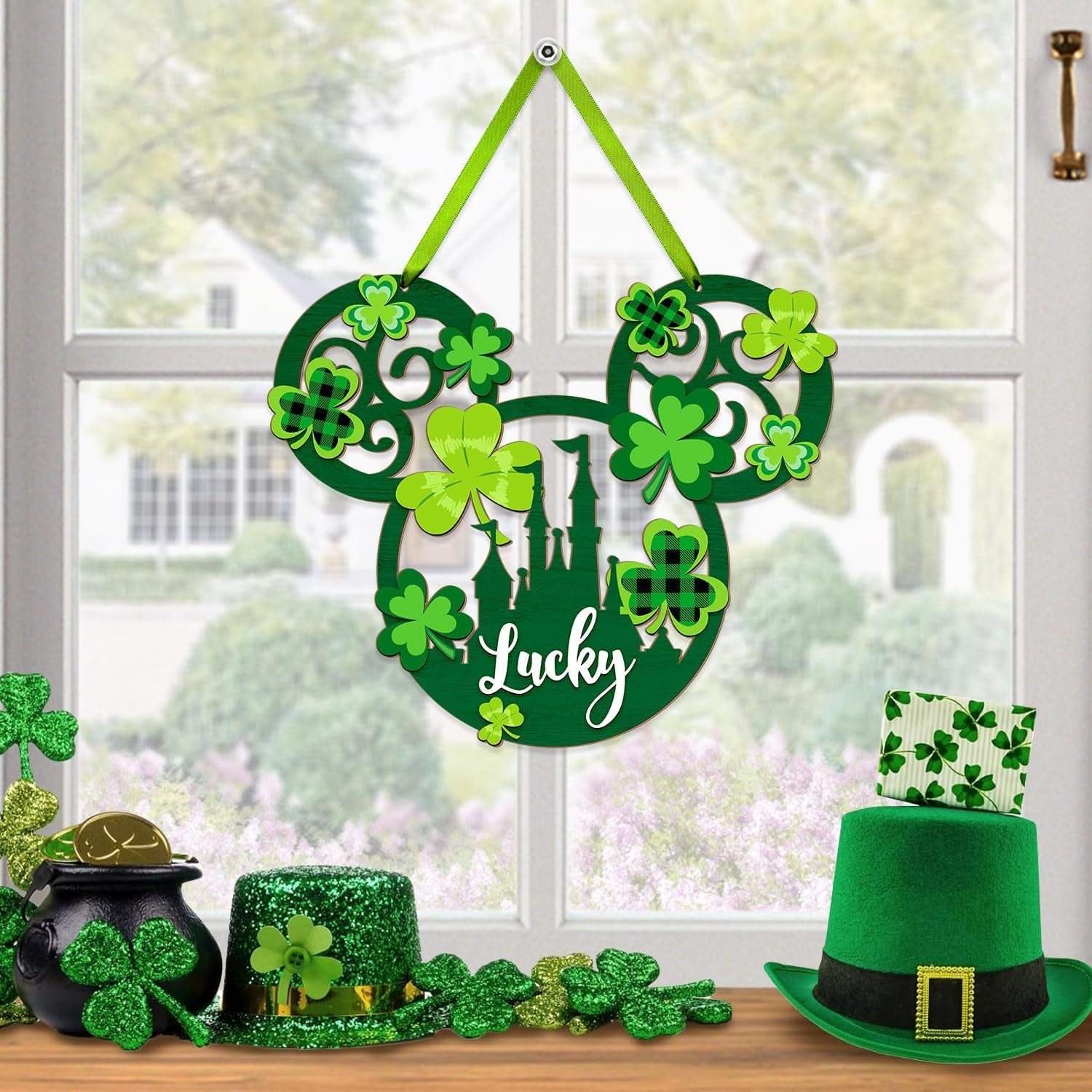 St. Patrick'S Day Door Sign Mouse Shaped, Shamrock Wooden Hanging Sign Lucky Irish Welcome Wood Wreath Hanging Sign with Rope for Happy St. Patrick'S Day Party Front Door Wall Home Decorations Green