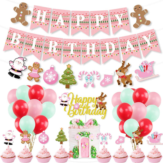 Pink Christmas Birthday Decorations,Gingerbread Man Theme Happy Birthday Banner Santa Claus Cake Topper Latex Balloons for Christmas Birthday Party Supplies