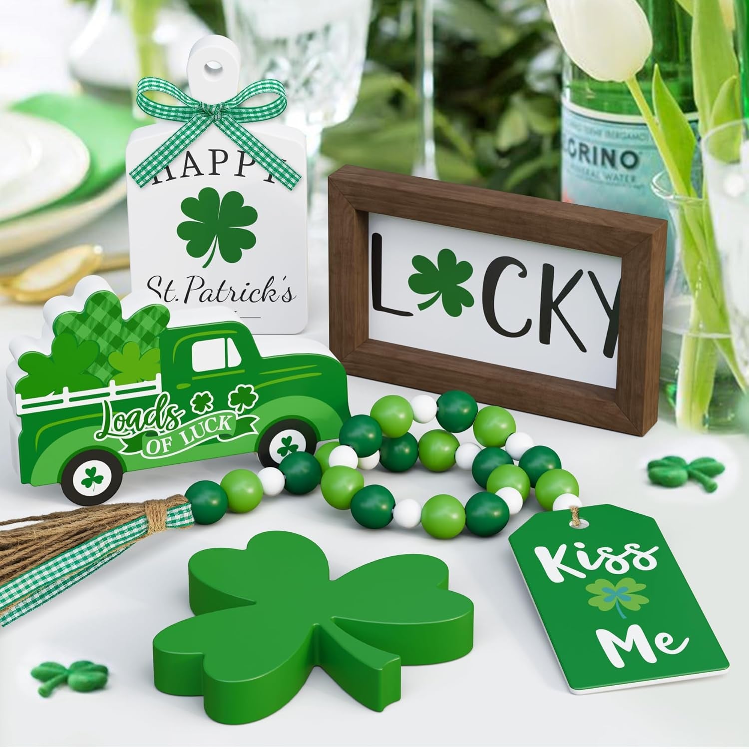 St. Patrick'S Day Tiered Tray Decor Set - 5 Pcs Shamrock Wooden Signs Lucky Decor Bead Garland, St. Patricks Day Decorations for Home Kitchen Table Party Decorations