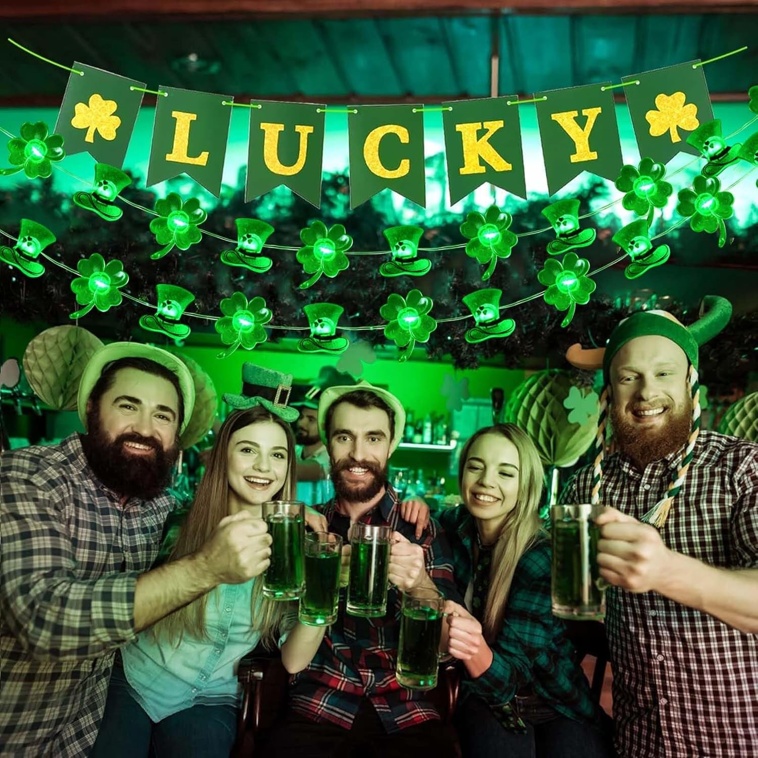 50LED Shamrocks Leprechaun Hat Lights for St Patricks Day Decorations, Battery Operated Green Lucky Clover Fairy String Lights for St Patricks Home Garden Indoor Outdoor Irish Decor (8 Modes)