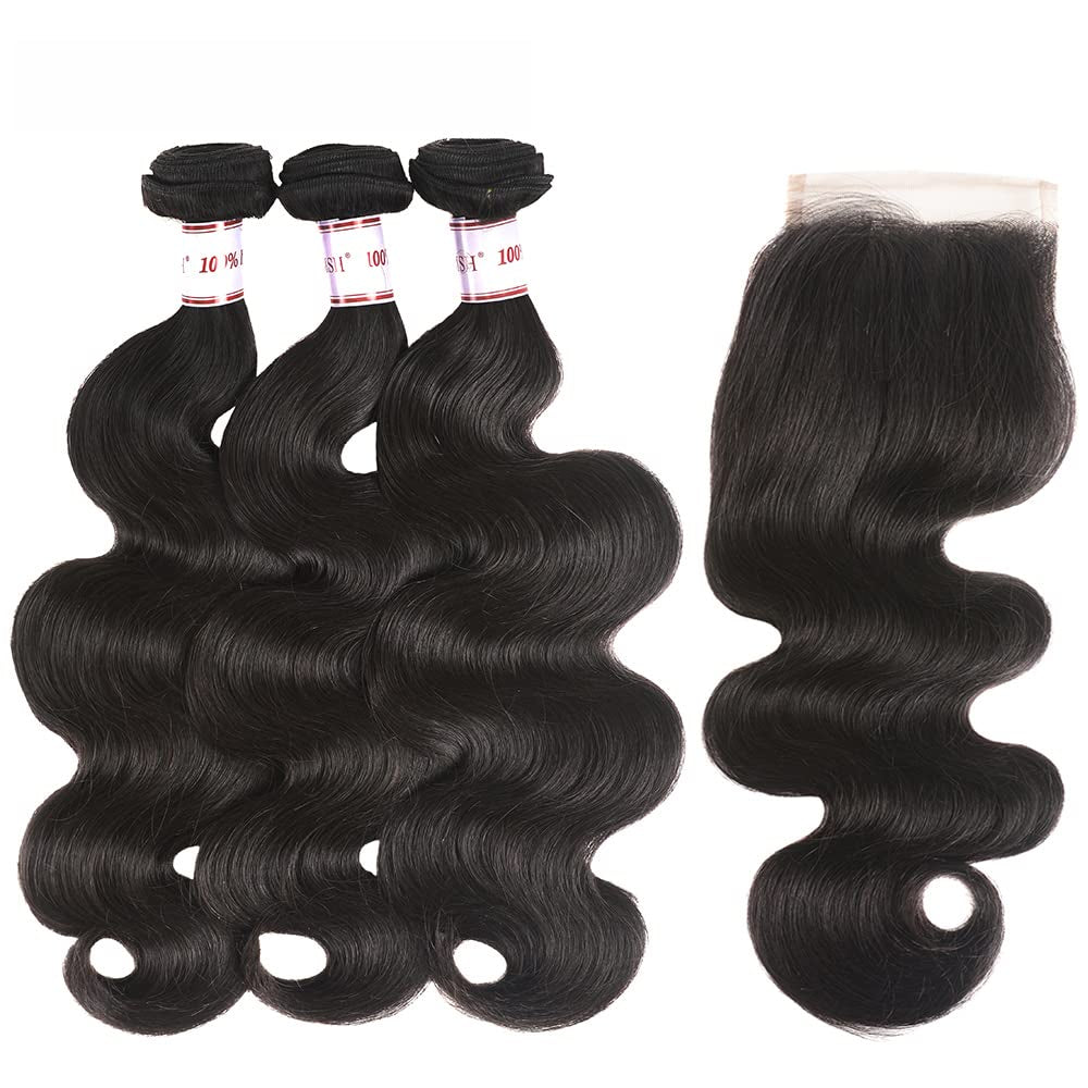 12A Brazilian Human Hair Bundles Body Wave 3 Bundles with Lace Closure 4X4 Free Part 100% Unprocessed Remy Human Hair Bundles with Closure Wet and Wavy Double Weft Natural Color (14 16 18+12)