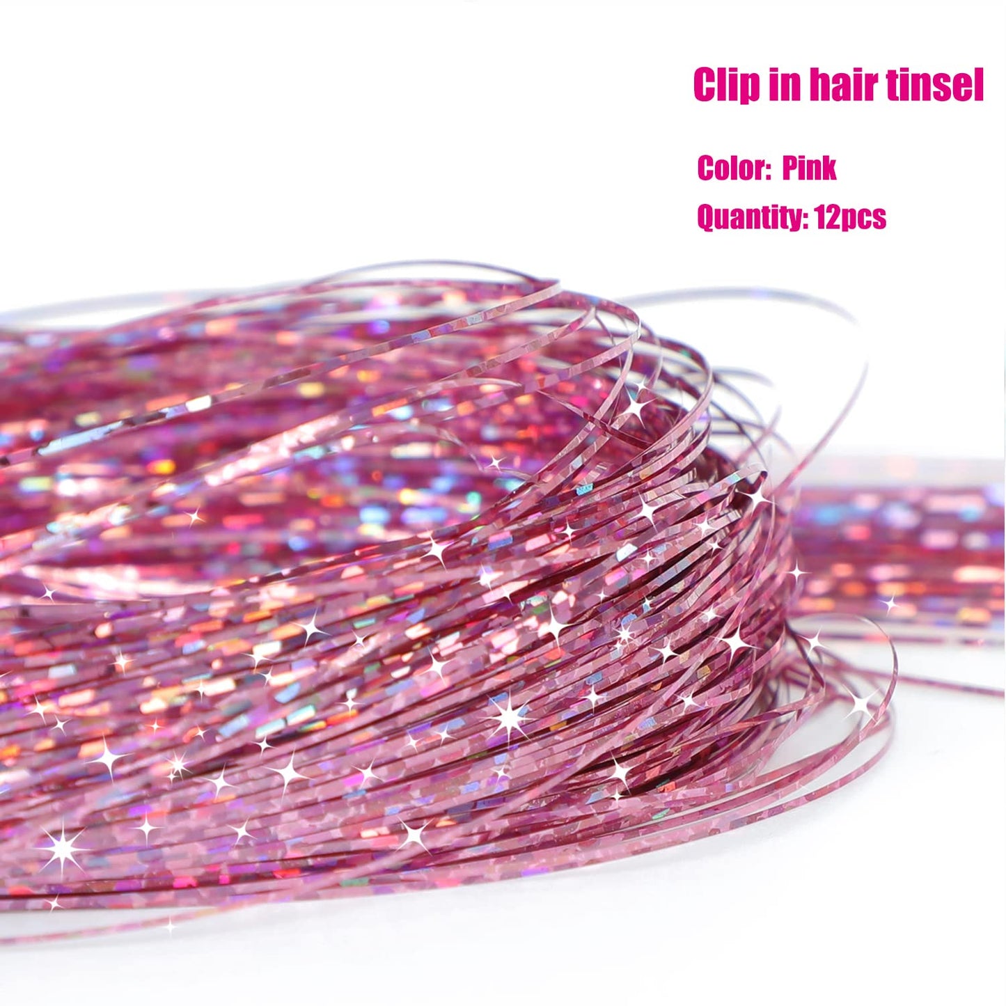 12Pcs Hair Tinsel Clip in 19.6Inch Glitter Tinsel Hair Extensions Clip in Hair Tinsel Kit Heat Resistant Shiny Sparkle Fairy Hair Accessories for Women Girls Kids (Pink)