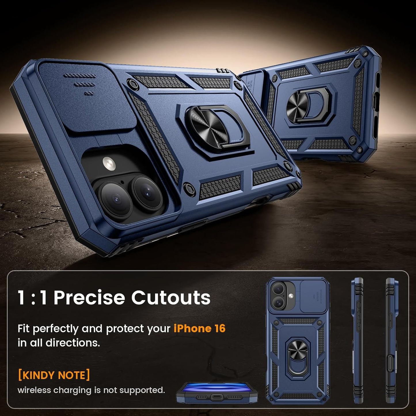 Compatible for Iphone 16 Case with Screen Protector - Slide Camera Cover Protective Phone Case with Ring Stand, Heavy Duty Shockproof Rugged Bumper for Iphone 16 Accessories Blue