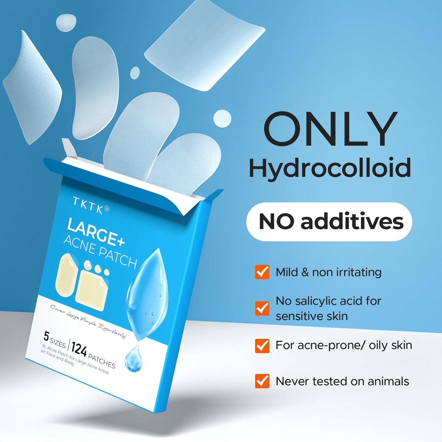 Large Pimple Patches for Face, 60 X 30 Mm XL Acne Patches, Big Hydrocolloid Bandages for Body, Back, Forehead, Chin, Neck Blemish Zit Breakouts (Oval, Square, Dot 5 Sizes 124 Count)