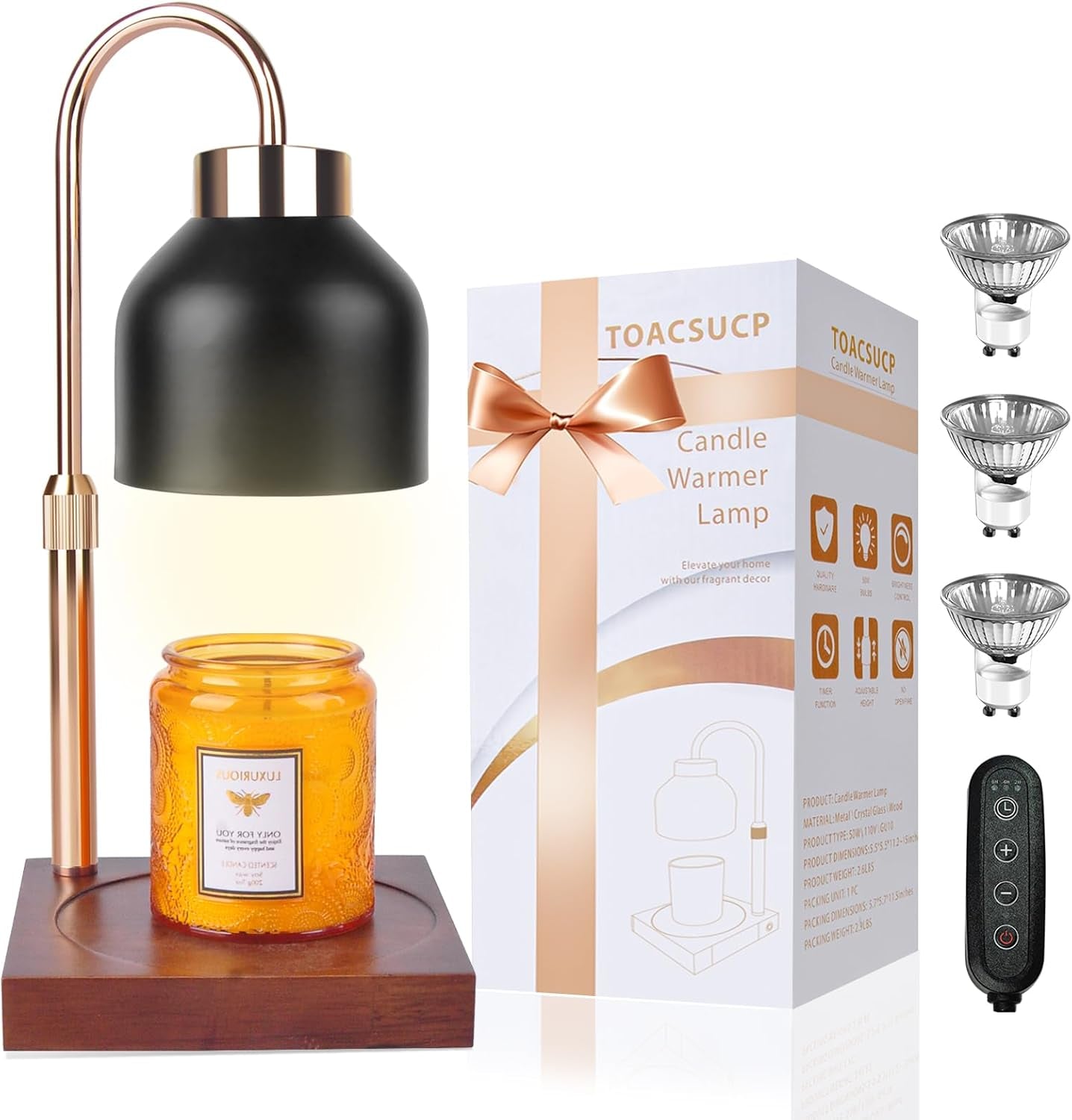 Candle Warmer Lamp with 3 Bulbs, Adjustable Height Dimmable Candle Warmer with Timer, Compatible with Large Jar Candles, Candle Lamp with Charming Gift Box Ribbon for Her/Him(Natural Wood)