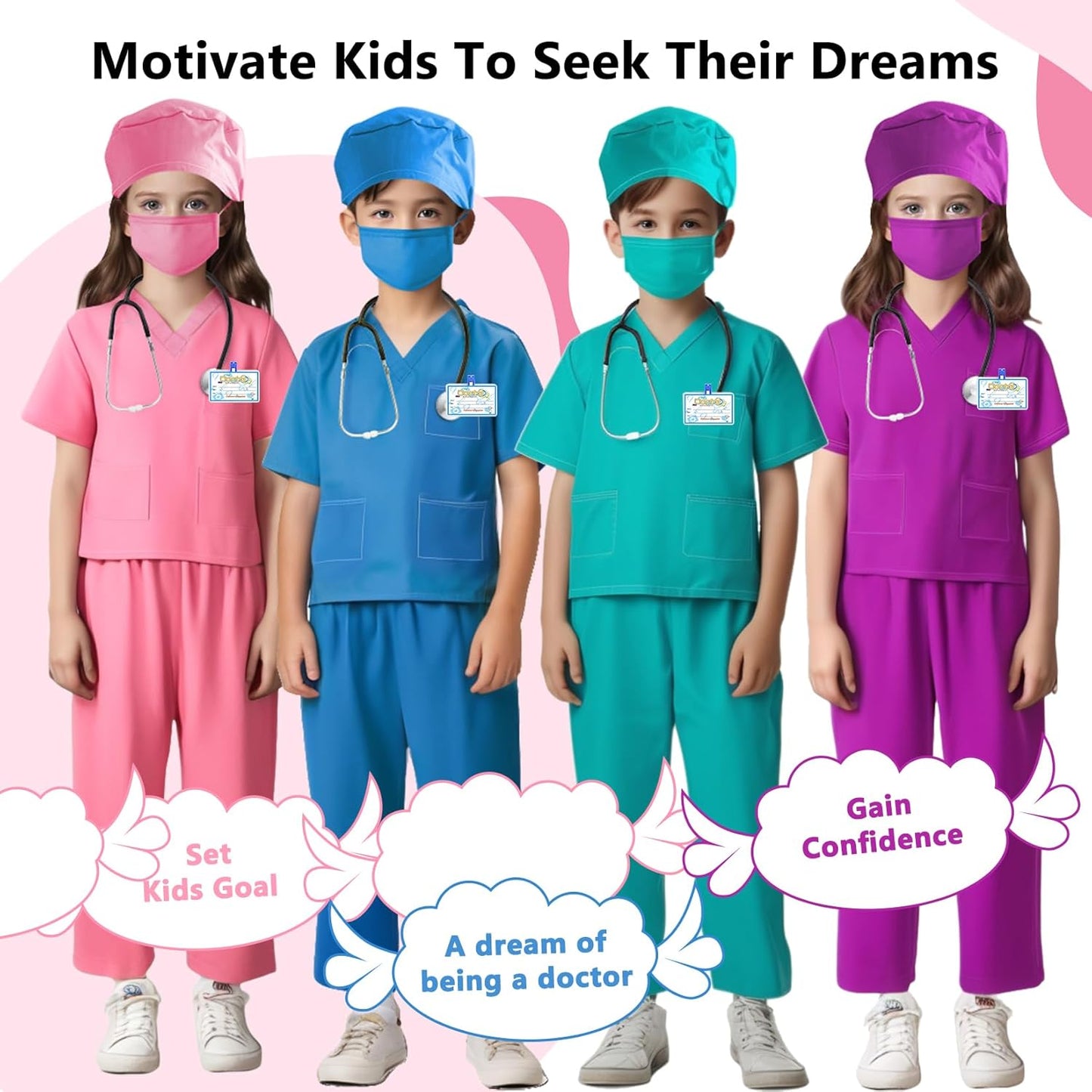 Kids Doctor Scrub Costume,Halloween Cosplay Dress Up,Nurse Scrub Set Gift for Boys and Girls 3-12Years Old 6PCS