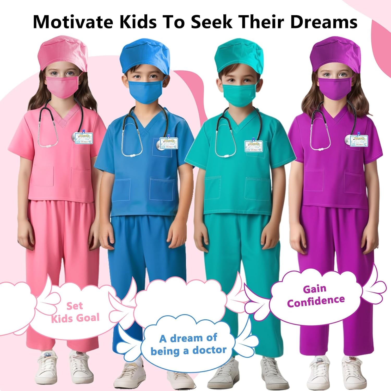 Kids Doctor Scrub Costume,Halloween Cosplay Dress Up,Nurse Scrub Set Gift for Boys and Girls 3-12Years Old 6PCS