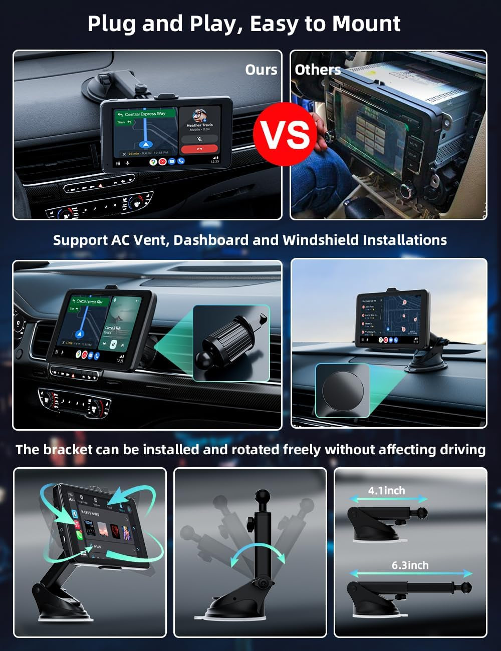 Carplay Car Stereo, Portable 7'' Car IPS Touch Screen with 720P Backup Camera for Most Vehicles with Car Drive Mate Navigation, Siri, FM, Bluetooth, and 3.5Mm AUX