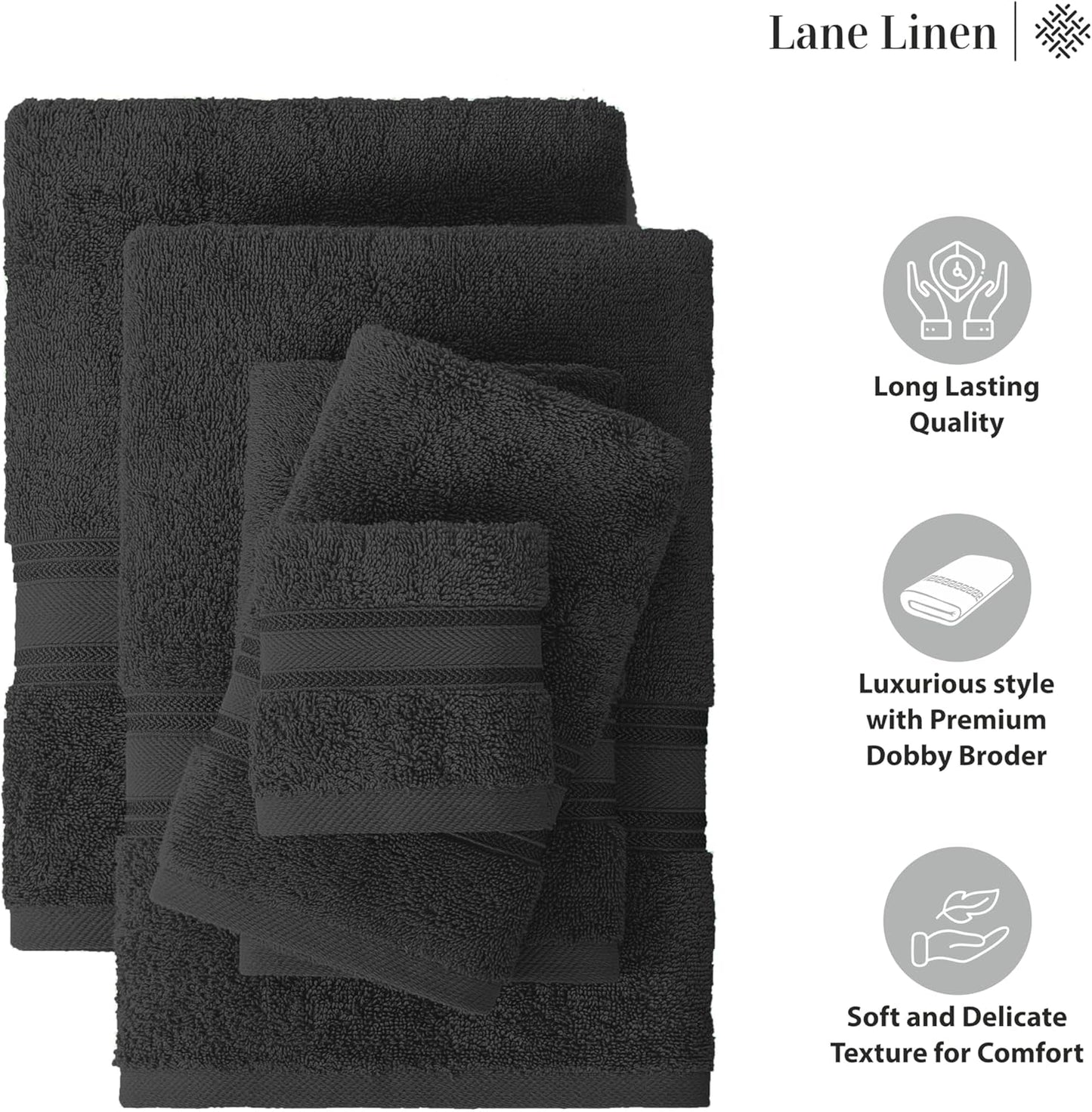 Luxury Bath Towels Set- 100% Cotton Bathroom Towels, Zero Twist, Quick Dry Shower Towel, Extra Aborbent Bath Towel, Super Soft, 6 Bath Towels, 6 Hand Towels, 6 Wash Cloths - Black (18 PC)