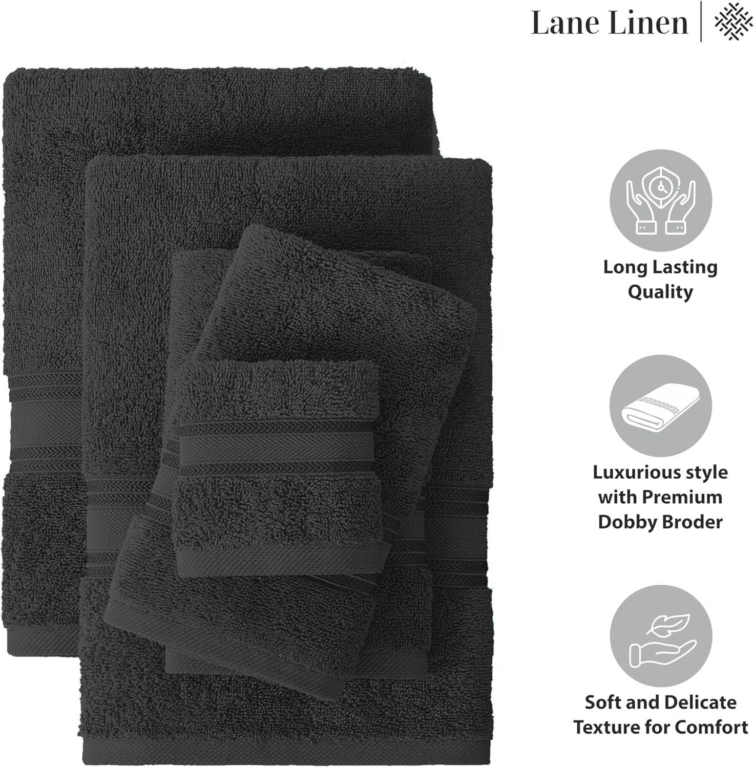 Luxury Bath Towels Set- 100% Cotton Bathroom Towels, Zero Twist, Quick Dry Shower Towel, Extra Aborbent Bath Towel, Super Soft, 6 Bath Towels, 6 Hand Towels, 6 Wash Cloths - Black (18 PC)