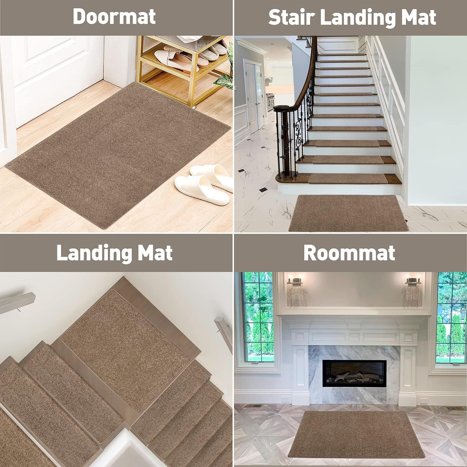 Carpet Stair Tread Landing Mat Tape Free Self Adhesive Non Slip Skid Resistant Indoor Doormat Area Rug Floor Mat for Kitchen Bathroom Workstations Washable 2' X 3' (Camel Brown)
