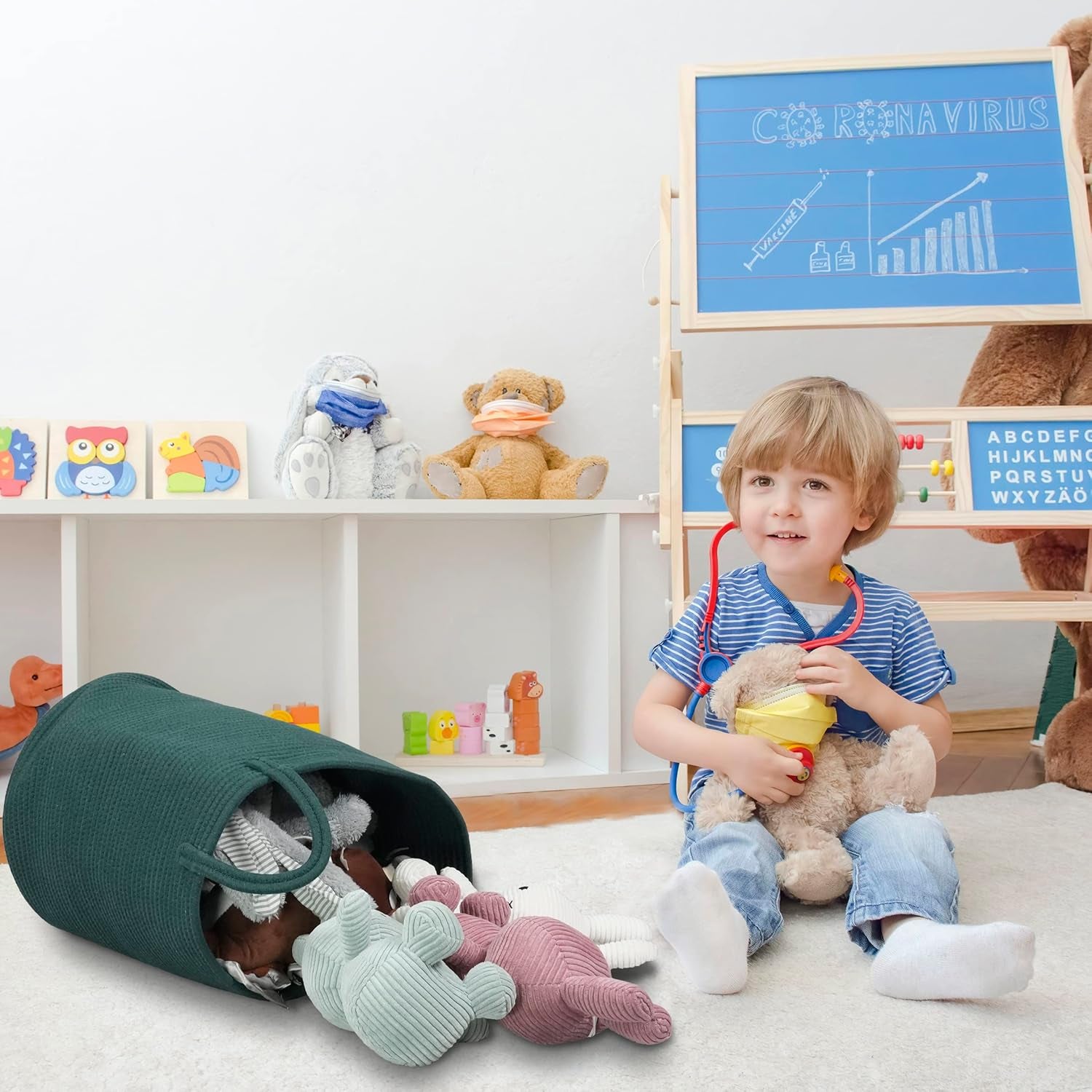 Cotton Rope Laundry Basket Hamper for Clothes Woven Storage Basket for Living Room Bedroom Boho Tall Rope Baskets for Blanket Toys Pillow Towels Baby Nursery Hamper Bin Large Dark Green