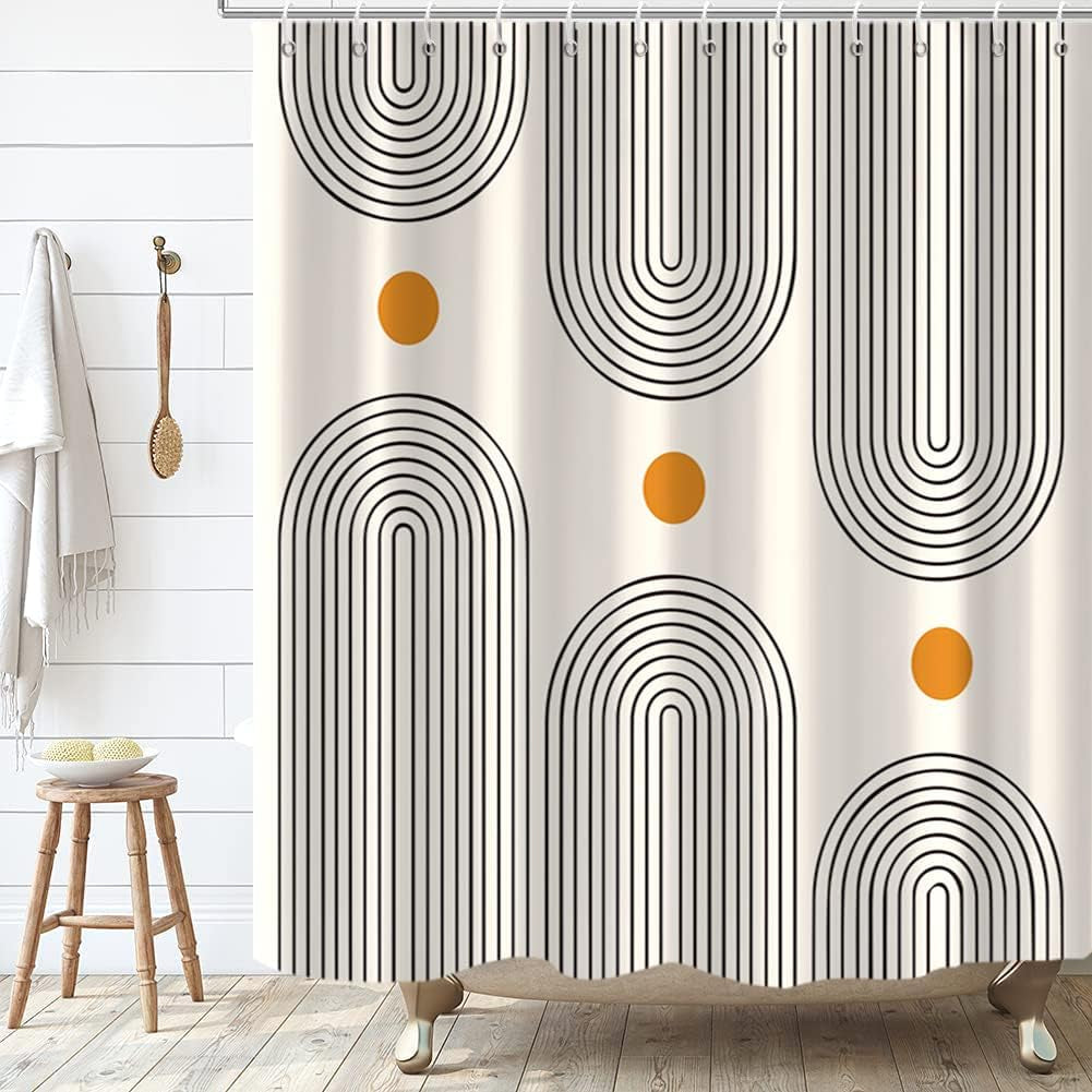 Boho Mid Century Shower Curtain, Minimalist Abstract Arch Simple Sun Modern Machine Washable Waterproof Fabric for Bathroom Decor Bathtub with 12 Hooks 72X72