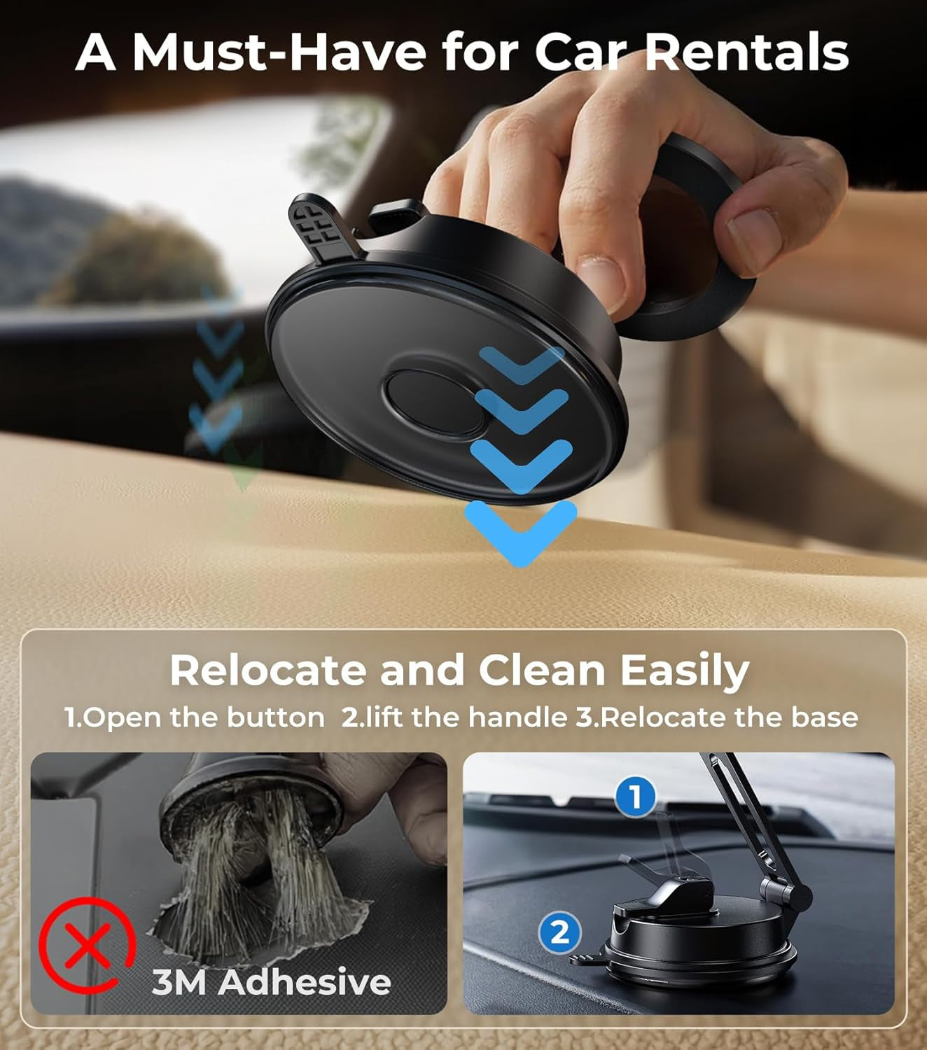 Folding Car Phone Mount for Magsafe, Magnetic Dashboard, Windshield Holder, Strong Suction, Easy to Relocate, Must-Have for Car Rentals, Best Accessories for Men Women Iphone 16E/15/14/13/12 Pro Max