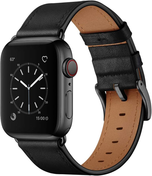 Compatible with Apple Watch Band 49Mm 45Mm 44Mm 42Mm, Genuine Leather Band Replacement Strap Compatible with Apple Watch Ultra 2/1 Series 9/8/7/6/5/4/3/2/1/SE/SE2, Black Band with Black Adapter
