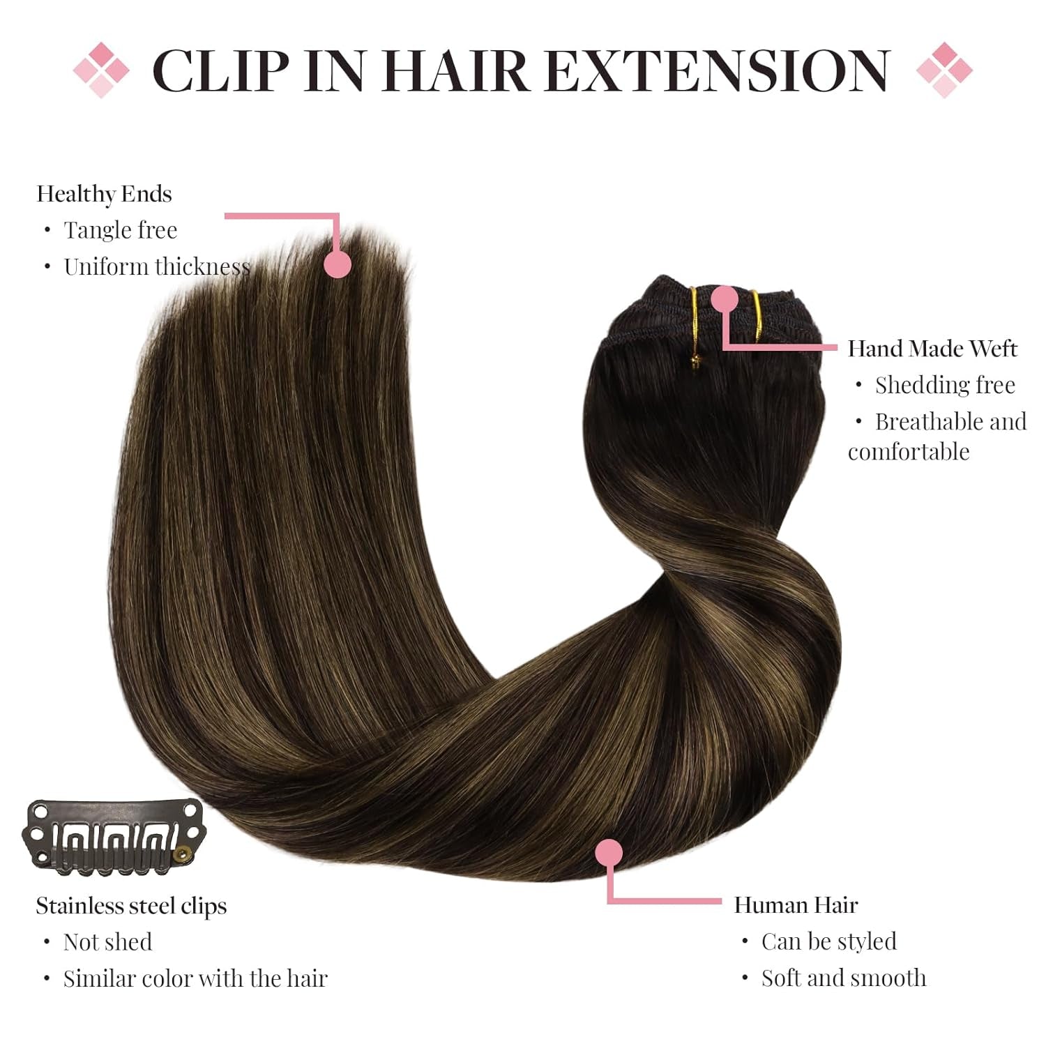 Hair Extensions Clip in Human Hair, 5Pcs 75G Balayage Dark Brown Mixed Chestnut Brown 16 Inch, Clip in Hair Extensions Real Human Hair Extensions Natural Straight Hair for Women