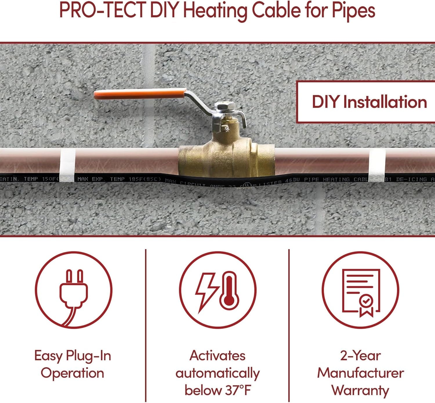 Pro-Tect 3 Ft. Electric Heat Tape for Water Pipes with Thermostat - Plug-In Pipe Heating Cable for Freeze Protection, 7 W/Ft, 120V