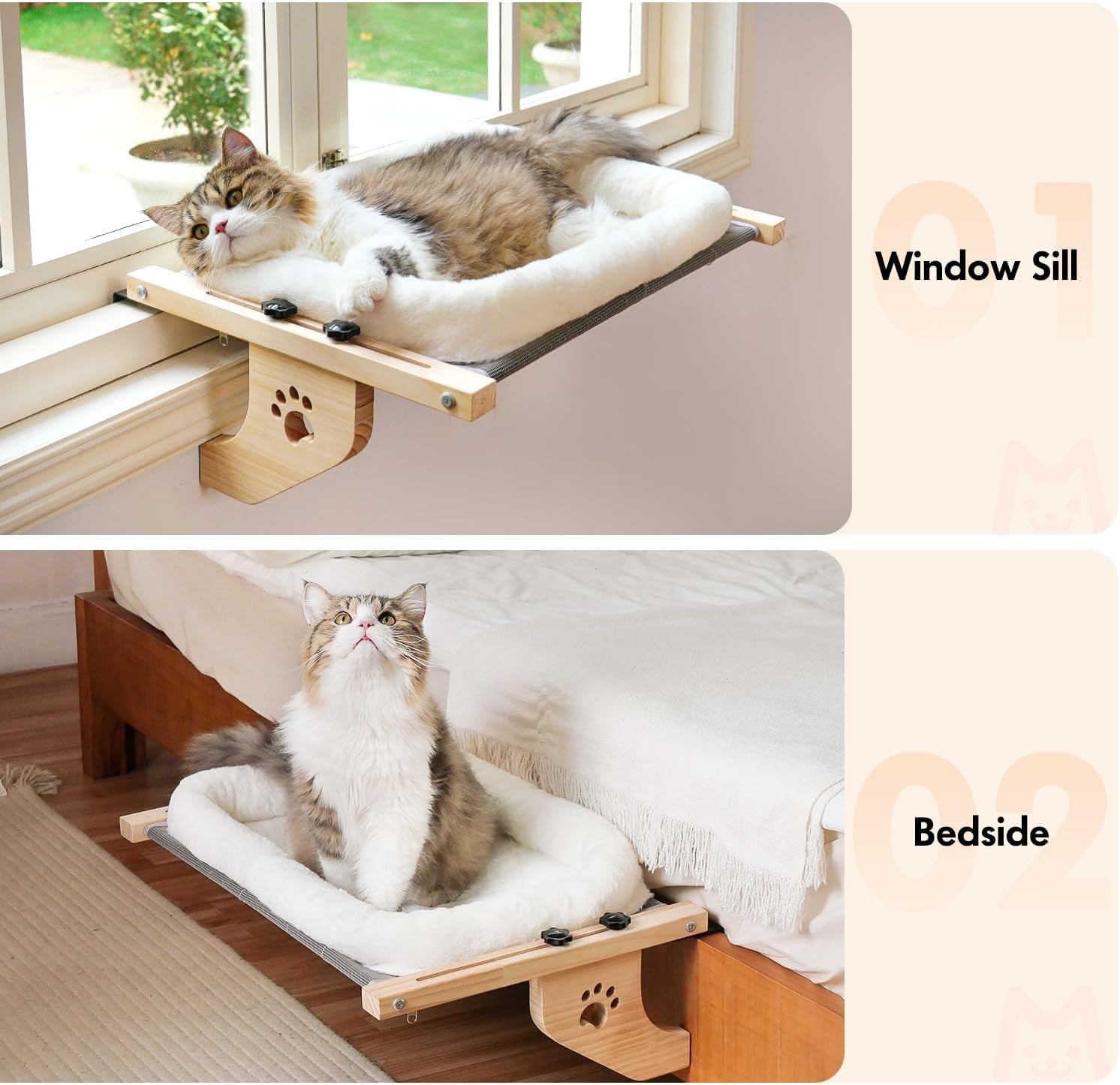 Cat Sill Window Perch Sturdy Hammock Seat with Cushion Bed Cover, Wood & Metal Frame for Large Cats, Easy to Adjust Windowsill, Bedside, Drawer and Cabinet(Cushion Bed)