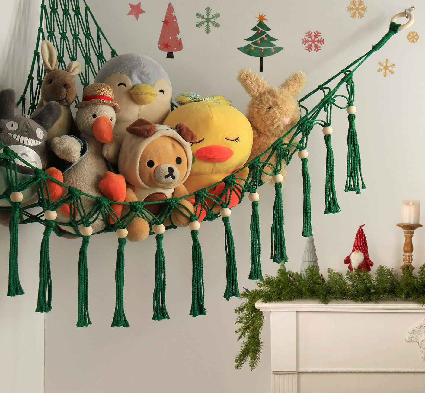 Stuffed Animal Toy Storage Hammock with LED Light - Macrame Jumbo Doll Corner Stuff Animals Organizer Decorations - Cute Plushie Net Kids Baby Nursery Bedroom Room Decor Christmas Green