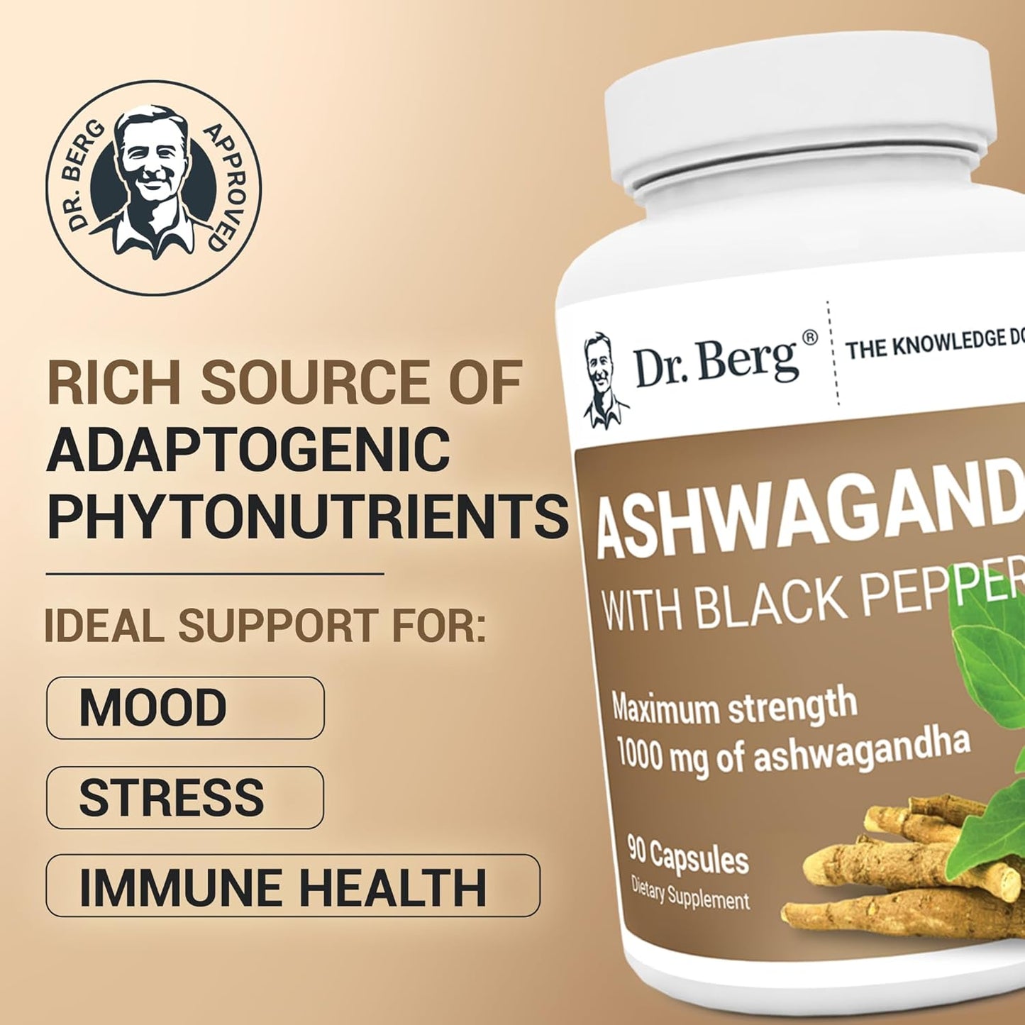 Dr. Berg Ashwagandha Capsules 1000Mg - Includes Ashwagandha Root with Black Pepper from Bioperine - Ashwagandha Supplements 90 Capsules TLBH