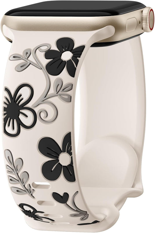 Cute Floral Band Compatible with Apple Watch Bands for Women 42Mm 41Mm 40Mm 38Mm 44Mm 45Mm 46Mm 49Mm, Engraved Flower Soft Silicone Inlay Strap for Iwatch Series 10 9 8 7 6 5 4 3 2 SE Ultra
