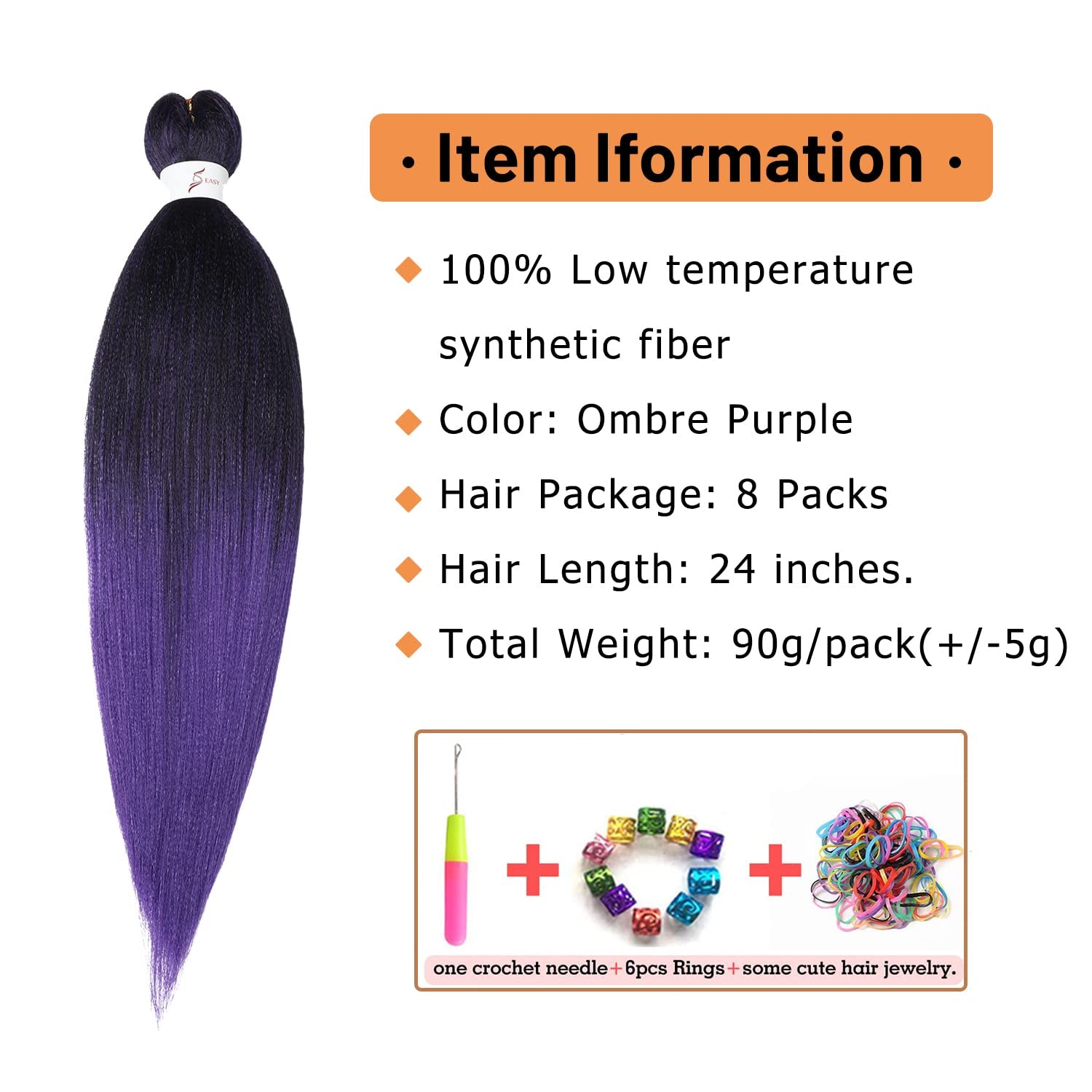 Pre Stretched Braiding Hair, 24 Inch Kanekalon Braiding Hair, 8 Packs Soft Yaki Texture,No Itch, Hot Water Setting Synthetic Hair Extensions for Braids (24In,1B/Purple)