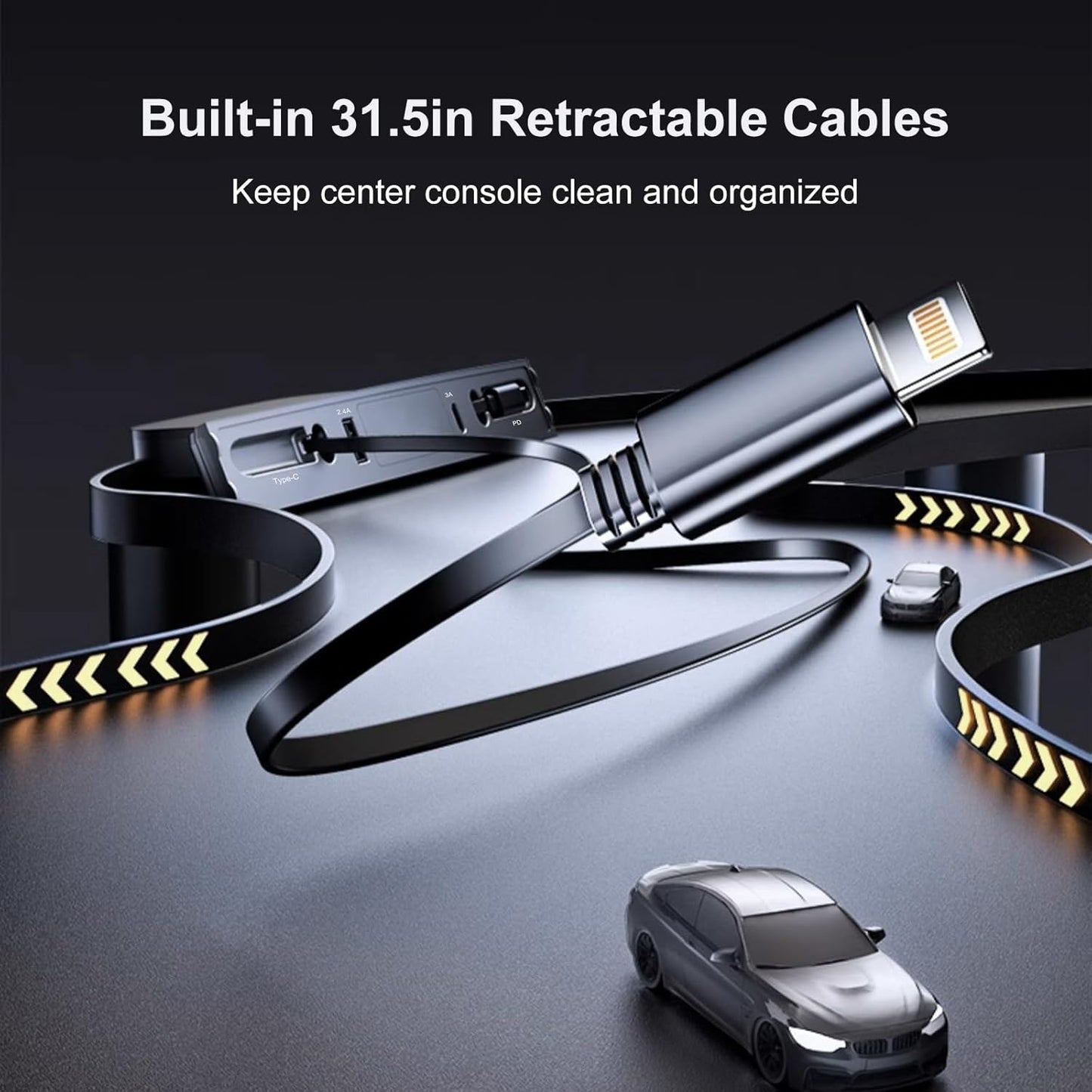 Retractable USB Hub for 2021-2024 Tesla Model Y & 2021-2023 Model 3 Center Console with Fast Charging and Built-In Charging Cables, Accessories for Tesla Model 3 and Model Y 2024 2023