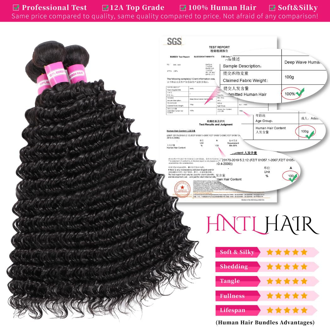 Deep Wave Human Hair Bundles 18 20 22 Inch 12A Brazilian Deep Wave Bundles Human Hair 100% Unprocessed Virgin Deep Curly Human Hair Weave 3 Bundles Natural Color Water Wave Bundles