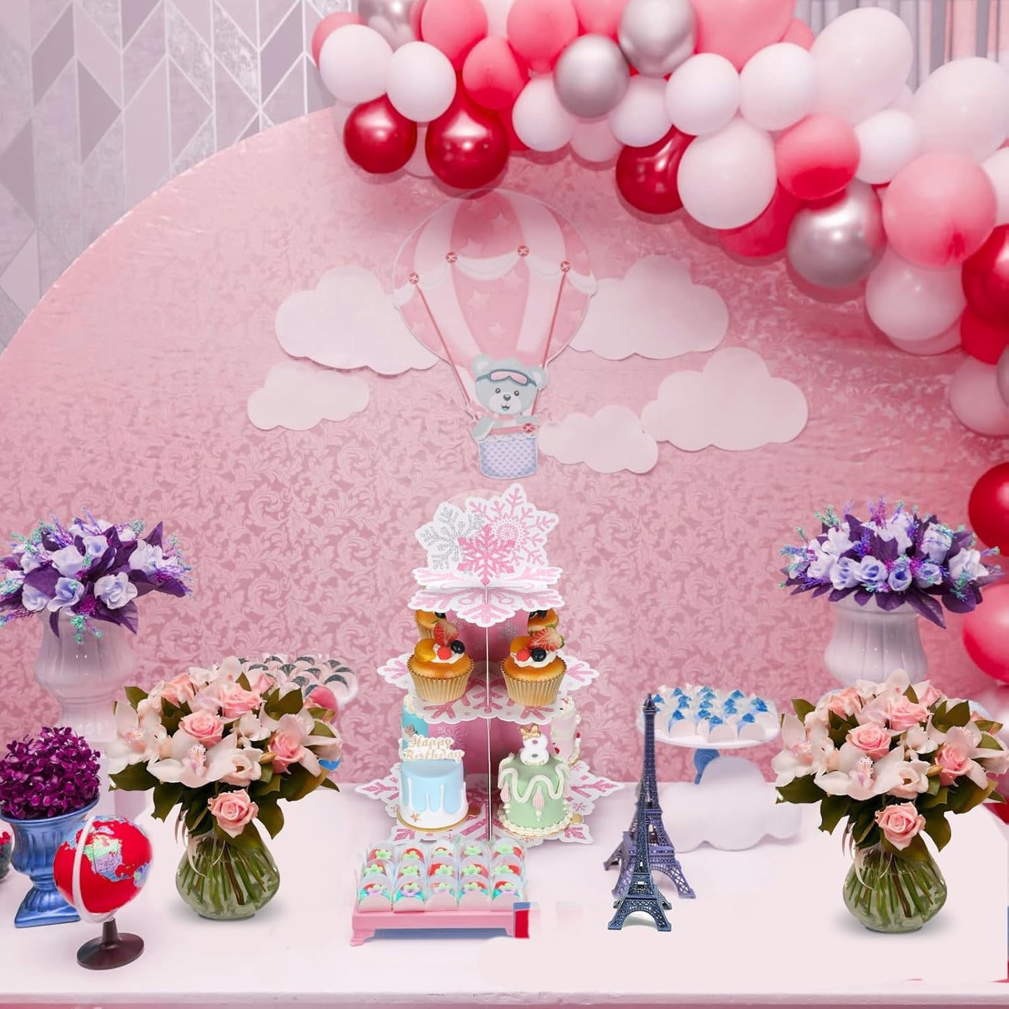 3 Tier Snowflake Cupcake Stand Winter Cake Stand Winter Dessert Tower Cupcake Tray Holder Snowflake Cake Stand for Birthday Party Christmas Holiday Decoration Supplies(Pink)