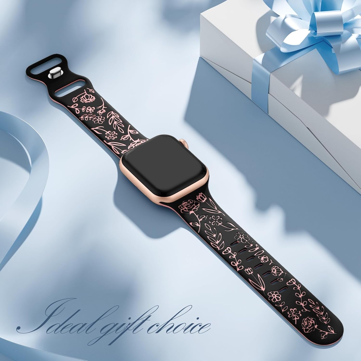 Floral Engraved Bands for Apple Watch Women 38Mm 40Mm 41Mm 42Mm 44Mm 45Mm 46Mm, Soft Silicone Cute Dressy Wrist Strap for Iwatch SE Series 10 9 8 7 6 5 4 3 Ultra, Iphone Watch Band Accessories