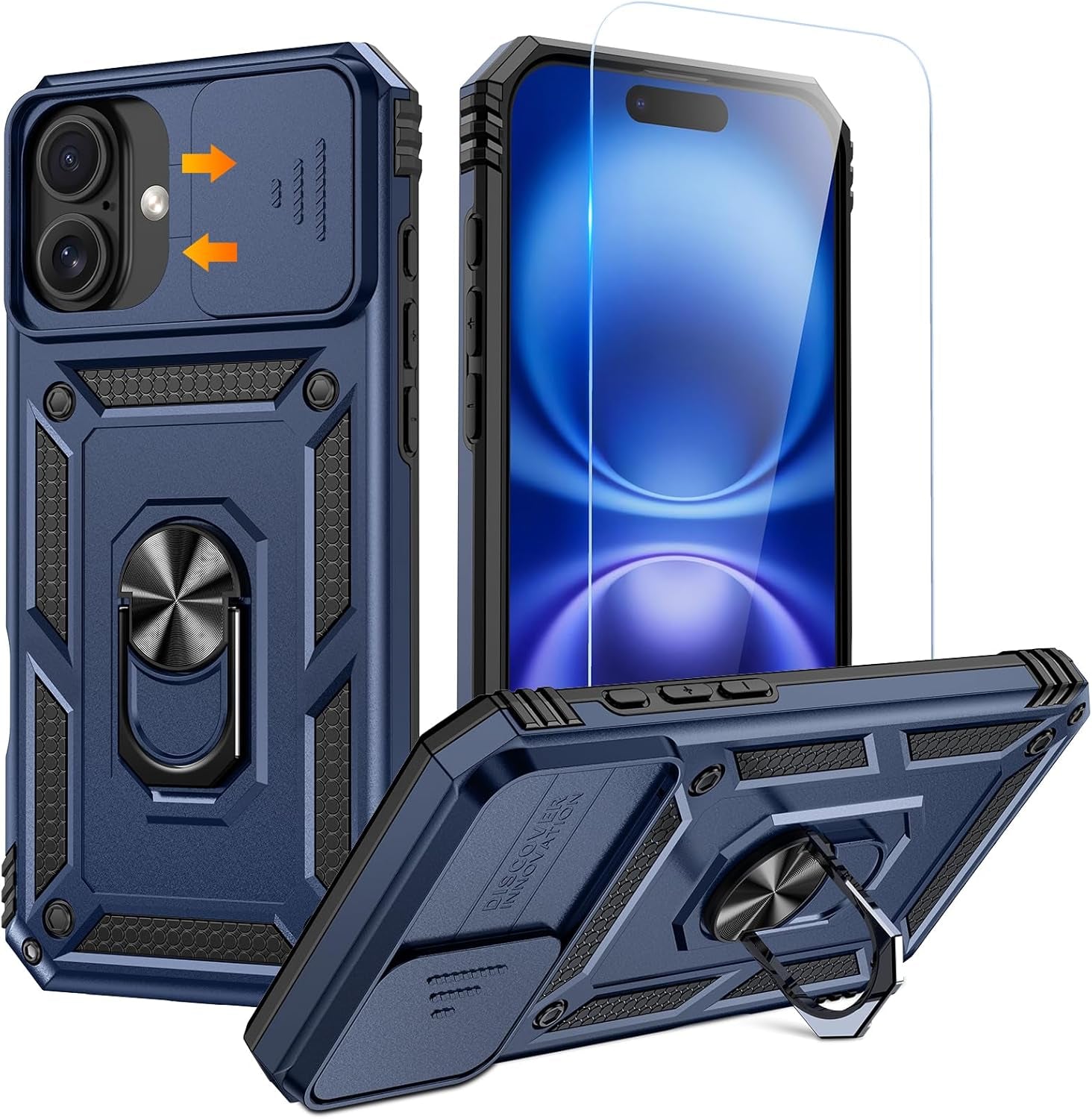 Compatible for Iphone 16 Case with Screen Protector - Slide Camera Cover Protective Phone Case with Ring Stand, Heavy Duty Shockproof Rugged Bumper for Iphone 16 Accessories Blue