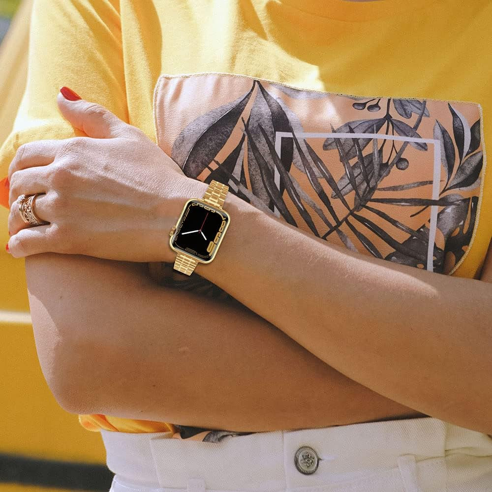 Metal Band Compatible with Apple Watch Band 38Mm 40Mm 41Mm 42Mm 44Mm 45Mm for Women, Slim and Thin Stainless Steel Replacement Adjustable Wristband for Iwatch Series 9/8/7/6/5/4/3/2/1/SE