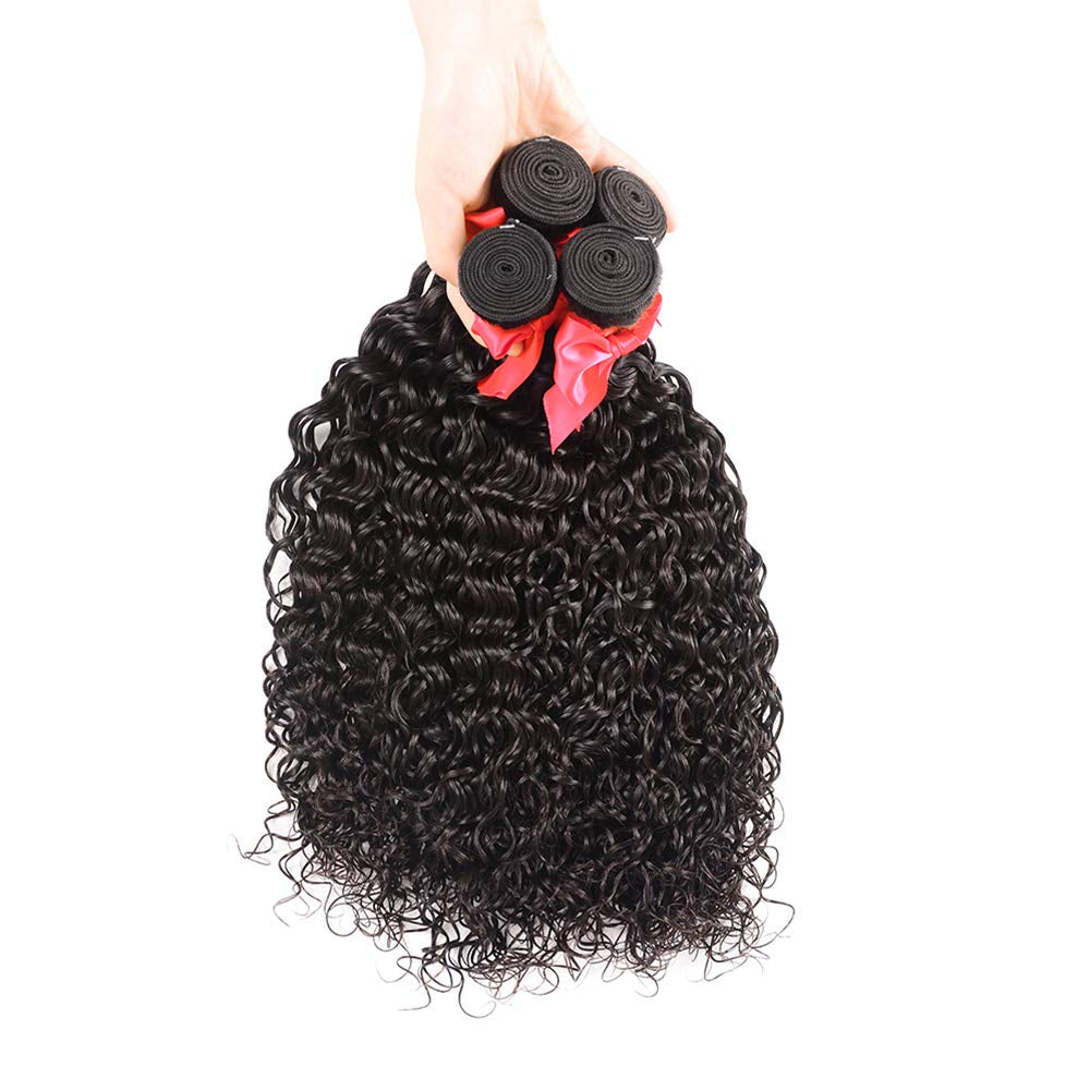 10A Water Wave Bundles with Closure (16 18 20 +14) Wet and Wavy Brazilian Virgin Human Hair 3 Bundles with 4X4 Lace Closure with Baby Hair Free Part 1B# Curly Wave Human Hair Extensions