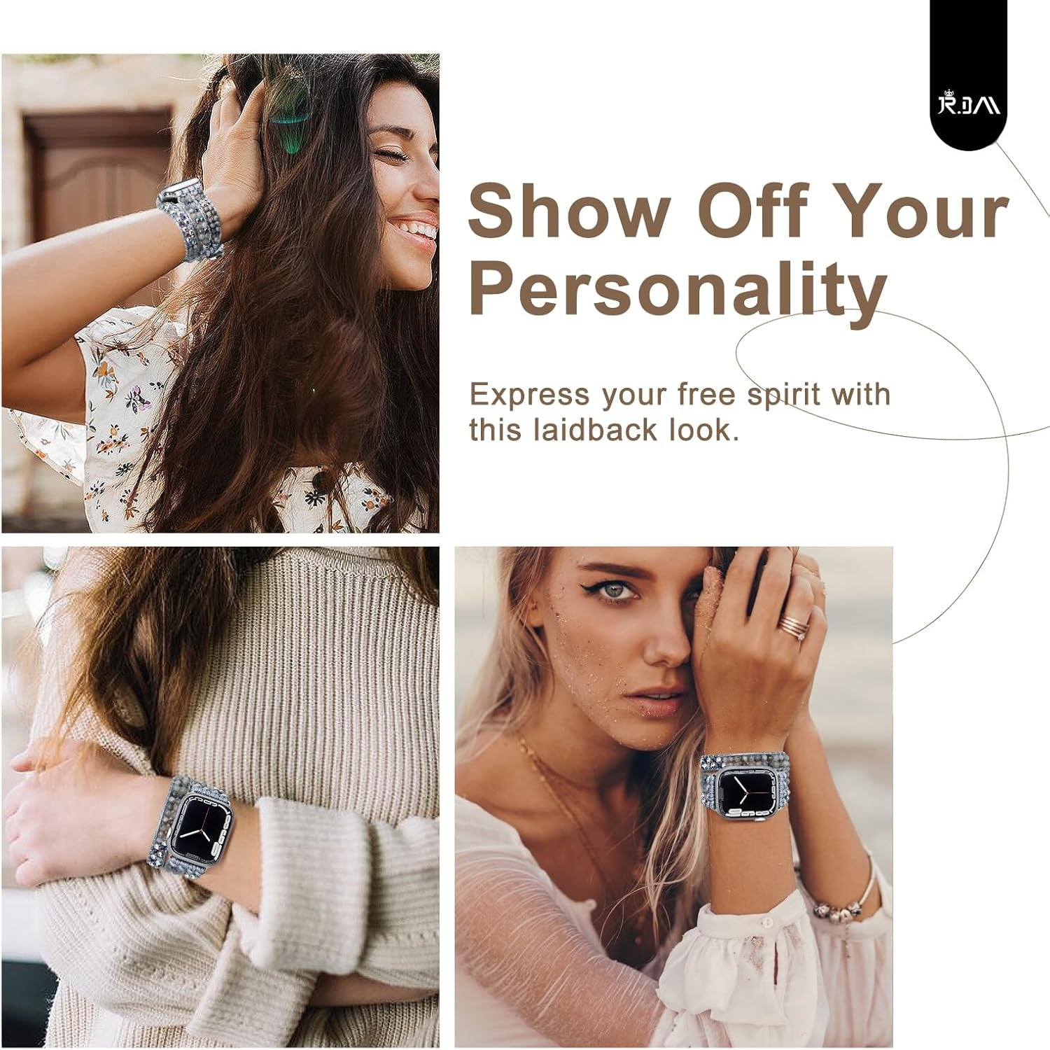 Boho Beaded Watch Band Women Compatible with Apple Watch 42Mm 44Mm 45Mm 46Mm 49Mm Grey Bead Stone Bracelet Adjustable Handmade Braided Strap for Iwatch Series 10/9/8/7/6/5/4/3/2/1/Se/Ultra 1 2