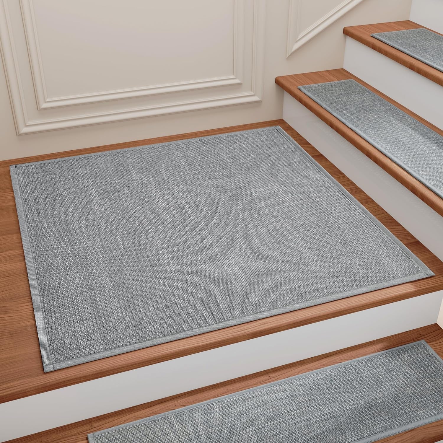 Stair Treads Carpet for Wooden Steps, Non Slip Landing Mat Rug Whit Rubber Backing, Polyester Soft Stairs Resistant Indoor Skid Runner Safety Rugs for Family, Absorbent Washable 31" X 31" Gray