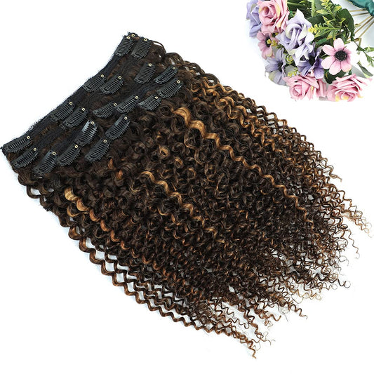 4/30 Kinky Curly 10 Inch 3C 4A Clip in Hair Extensions for Black Women Chocolate Brown Mix Medium Auburn Curly Hair Extensions Clip Ins 10Pcs/Set Full Head 10A Grade